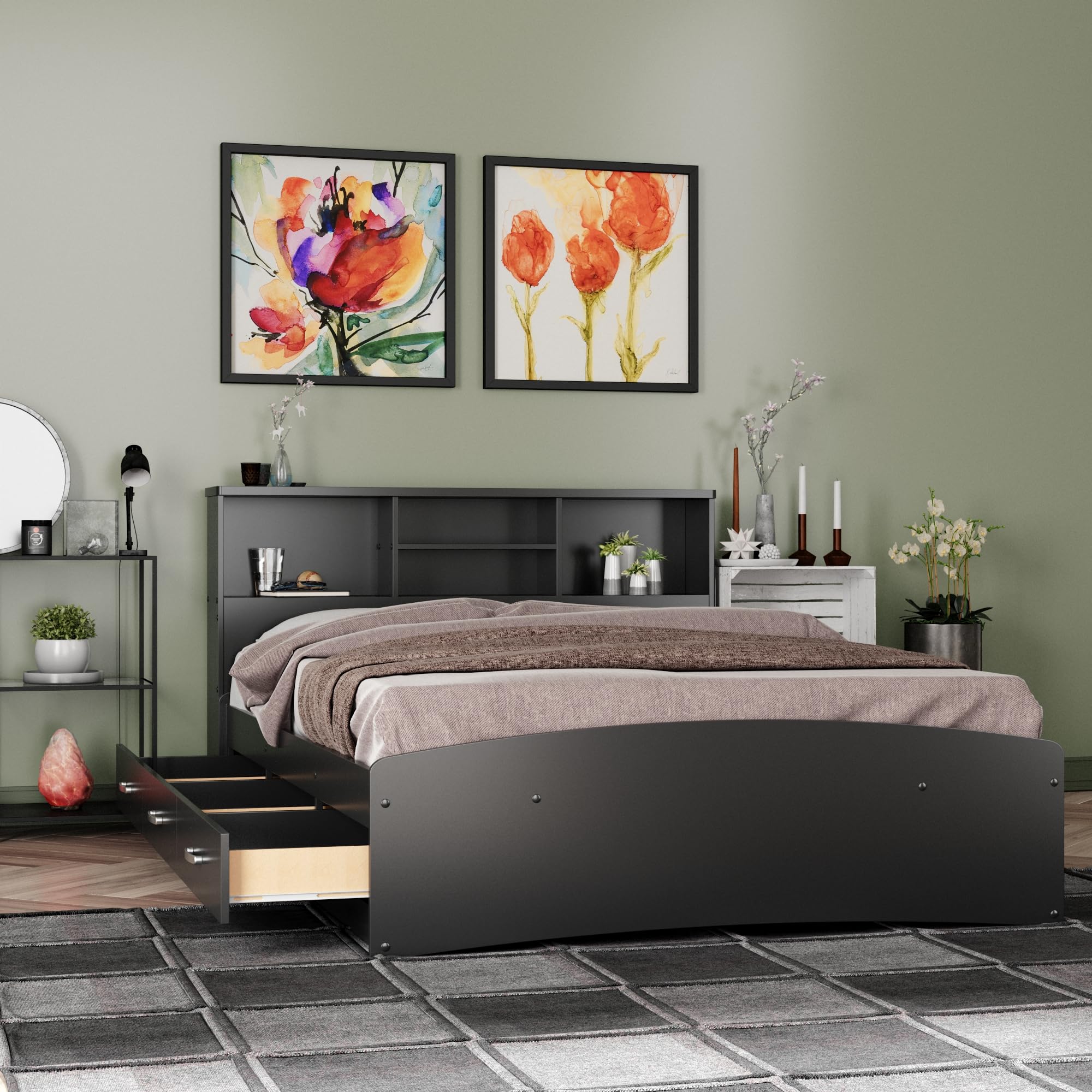Bed with 3 Drawers and Bookcase Headboard (Black, Full)