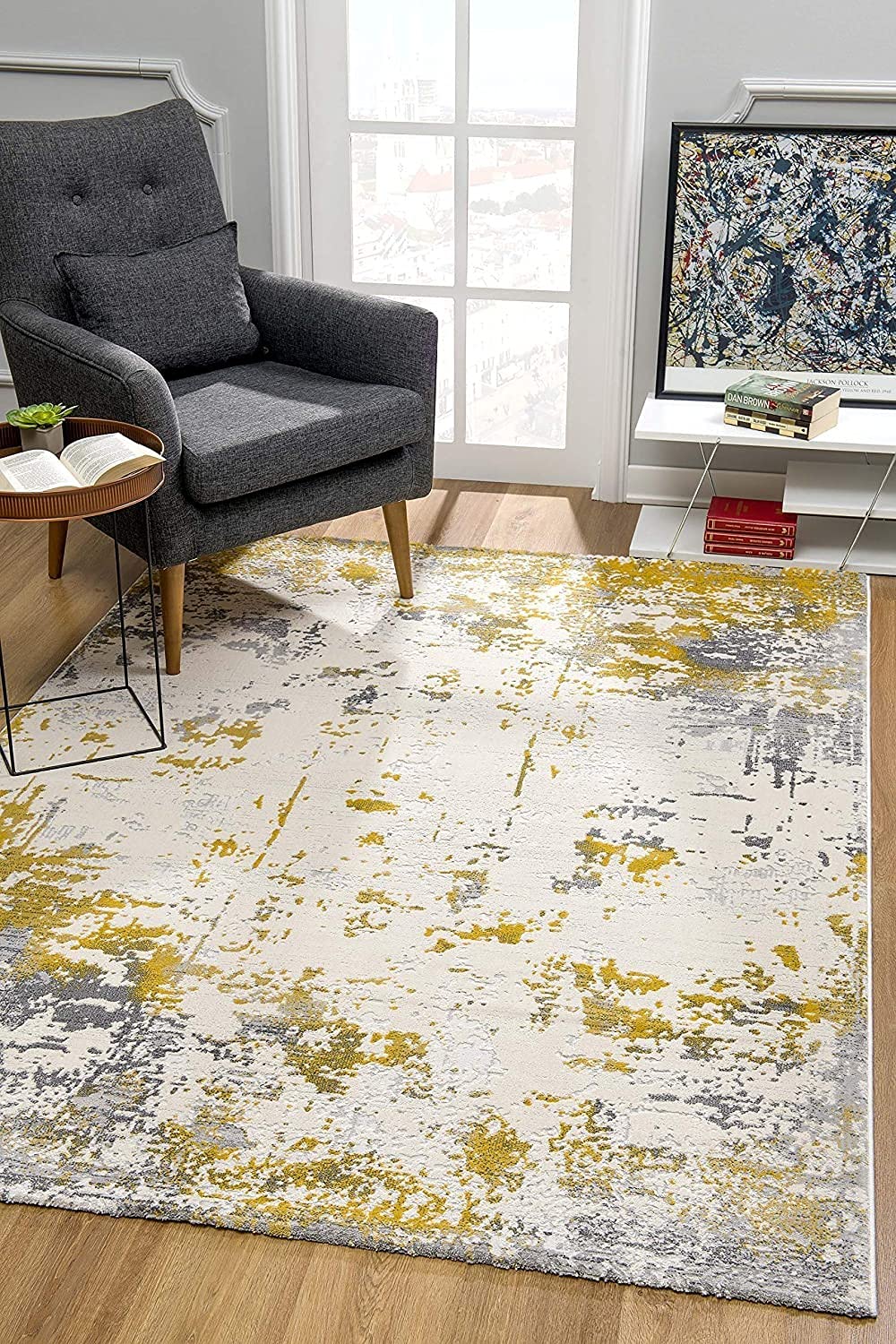 HomeRoots 100% High Grade Polypropylene 2â€ x 4â€ Gold and Gray Abstract Area Rug
