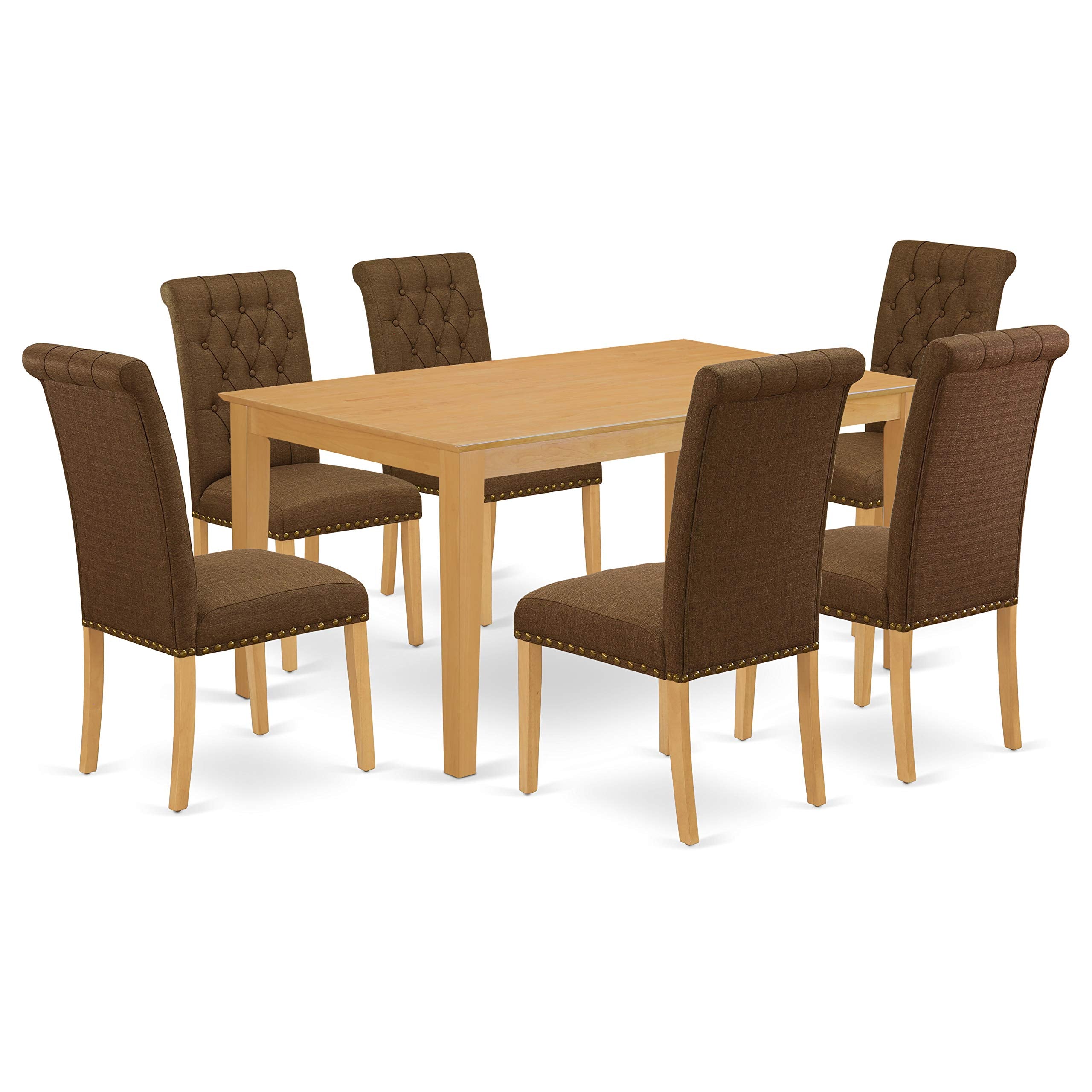 East West Furniture Cabr7-Oak-18 Capri 7 Piece Room Set Consist Of A Rectangle Kitchen Table And 6 Brown Linen Fabric Parson Dining Chairs, 36X60 Inch, Oak