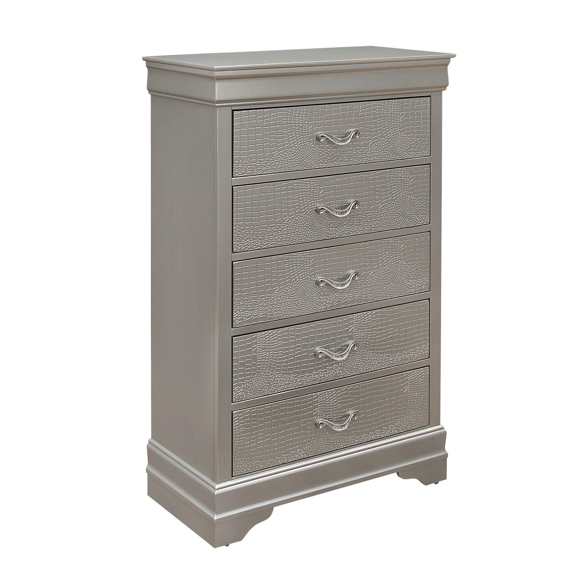 HomeRoots Rubberwood Silver Tone Chest with 5 Spacious Interior Drawers