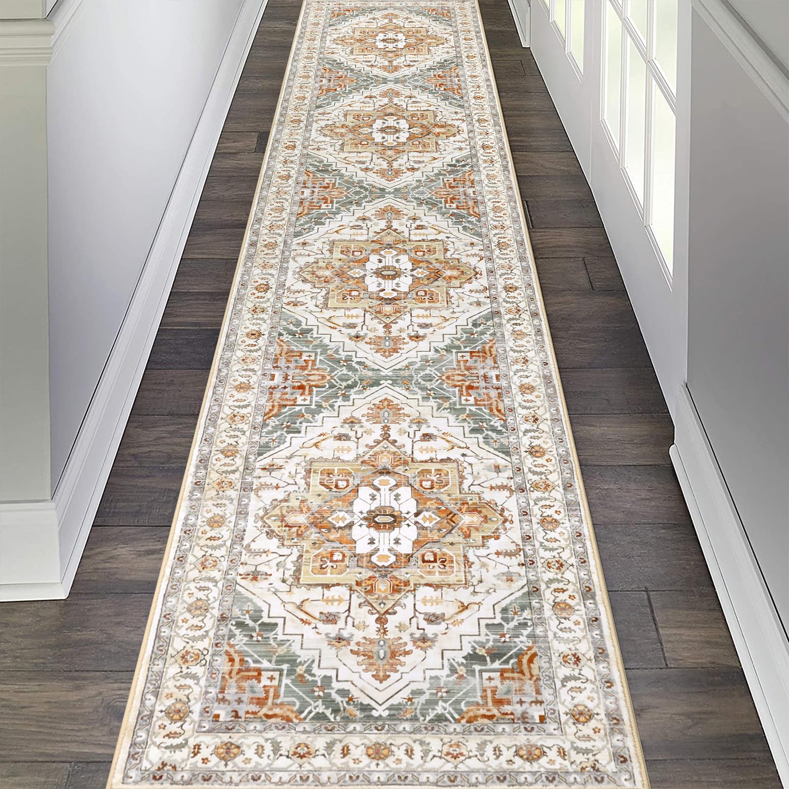 Pauwer Hallway Runner Rug 2x10, Long Washable Kitchen Rugs Runner, Farmhouse Vintage Medallion Area Rug Carpet Runner, Soft Thro