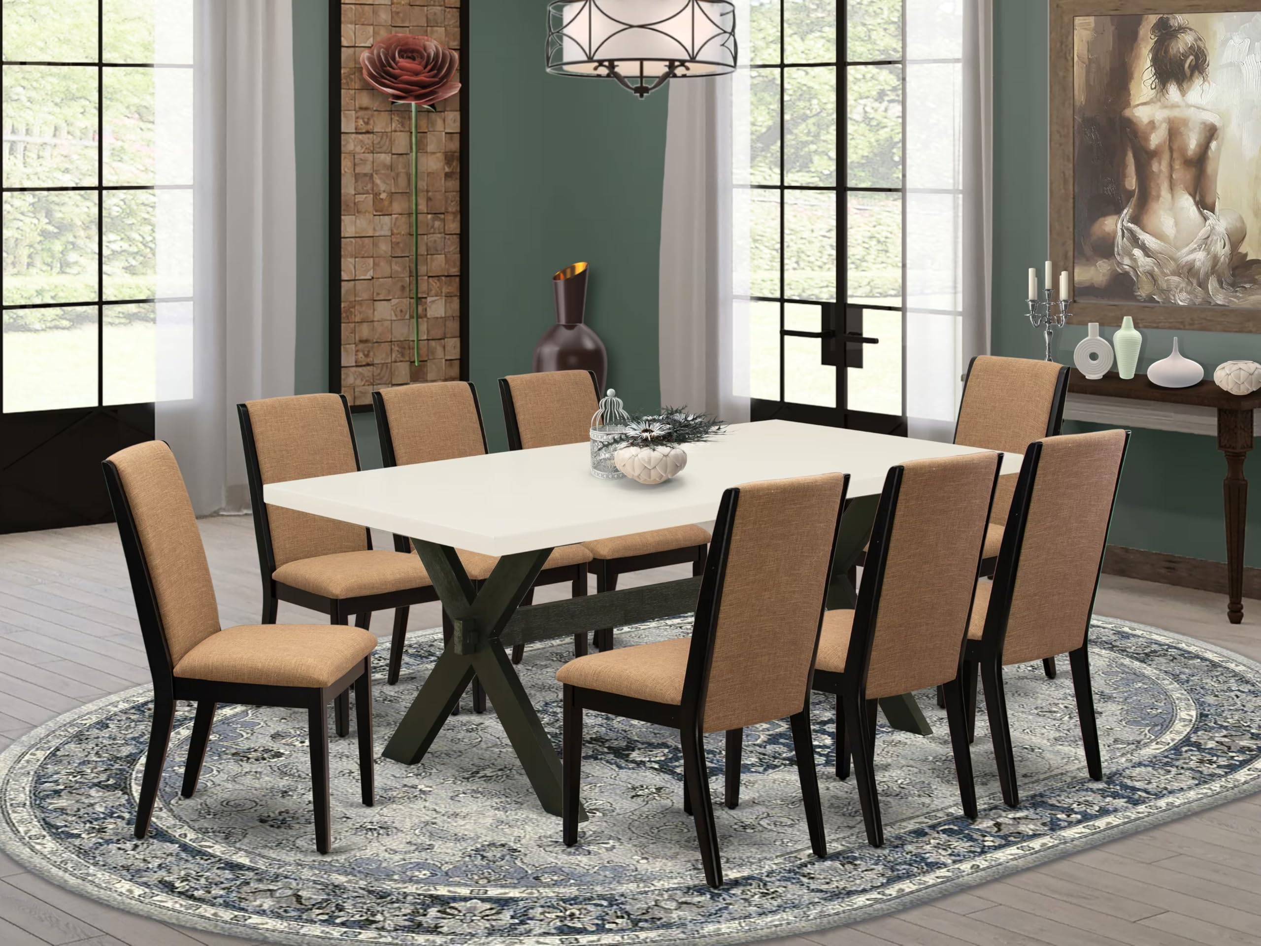 East West Furniture X627La147-9 9 Piece Dining Table Set Includes A Rectangle Kitchen Table With X-Legs And 8 Light Sable Linen Fabric Parson Dining Room Chairs, 40X72 Inch, Multi-Color