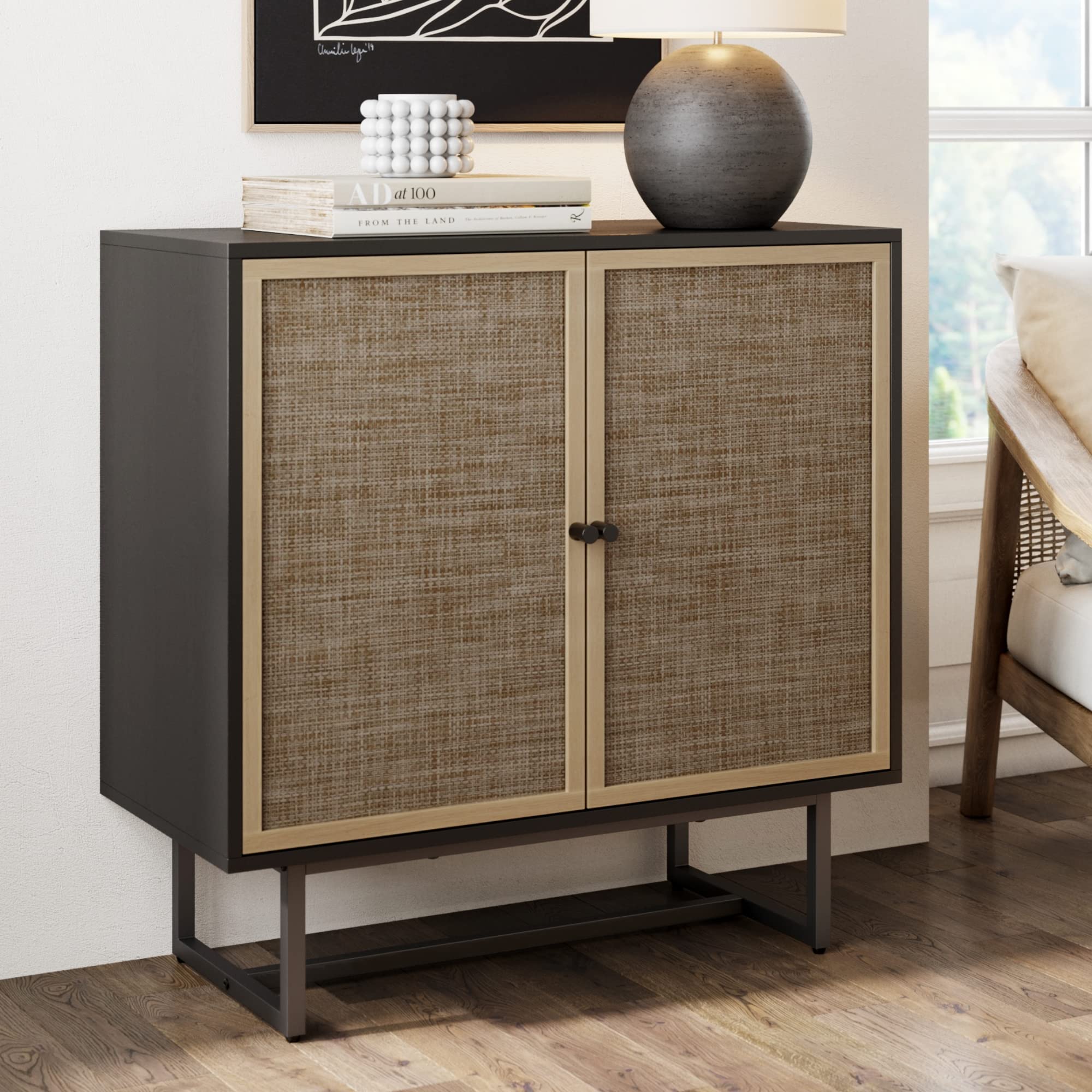 Nathan James Kova Rattan Wood Accent Sideboard Storage Cabinet with Matte Metal Frame, Adjustable Interior Shelves and Cane Door