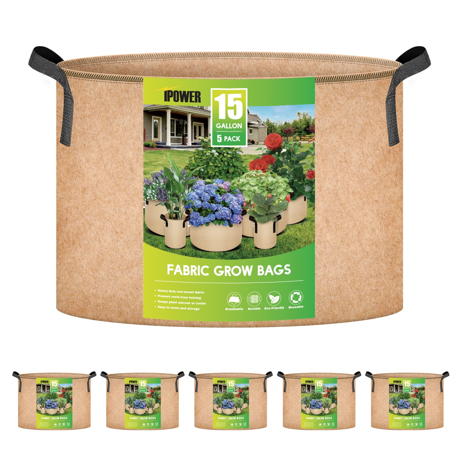 Ipower 15 Gallon Grow Bags Nonwoven Fabric Pots Aeration Container With Strap Handles For Garden And Planting, 5-Pack Tan, 15 Ga