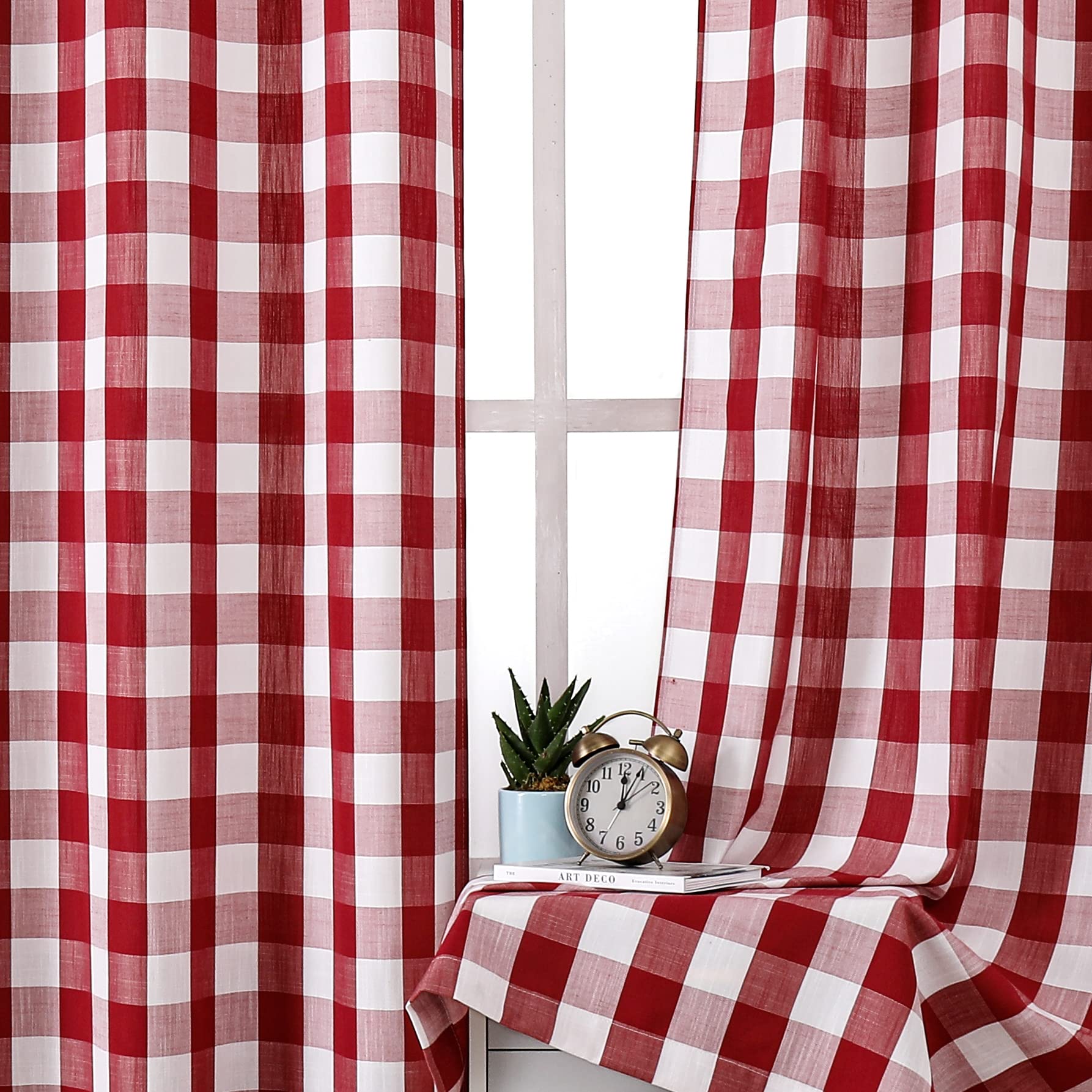 Burgundy Gingham Buffalo Check Red And White Window Curtain Panels 95 Inches Length, Buffalo Plaid Gingham Rod Pocket Window Tre