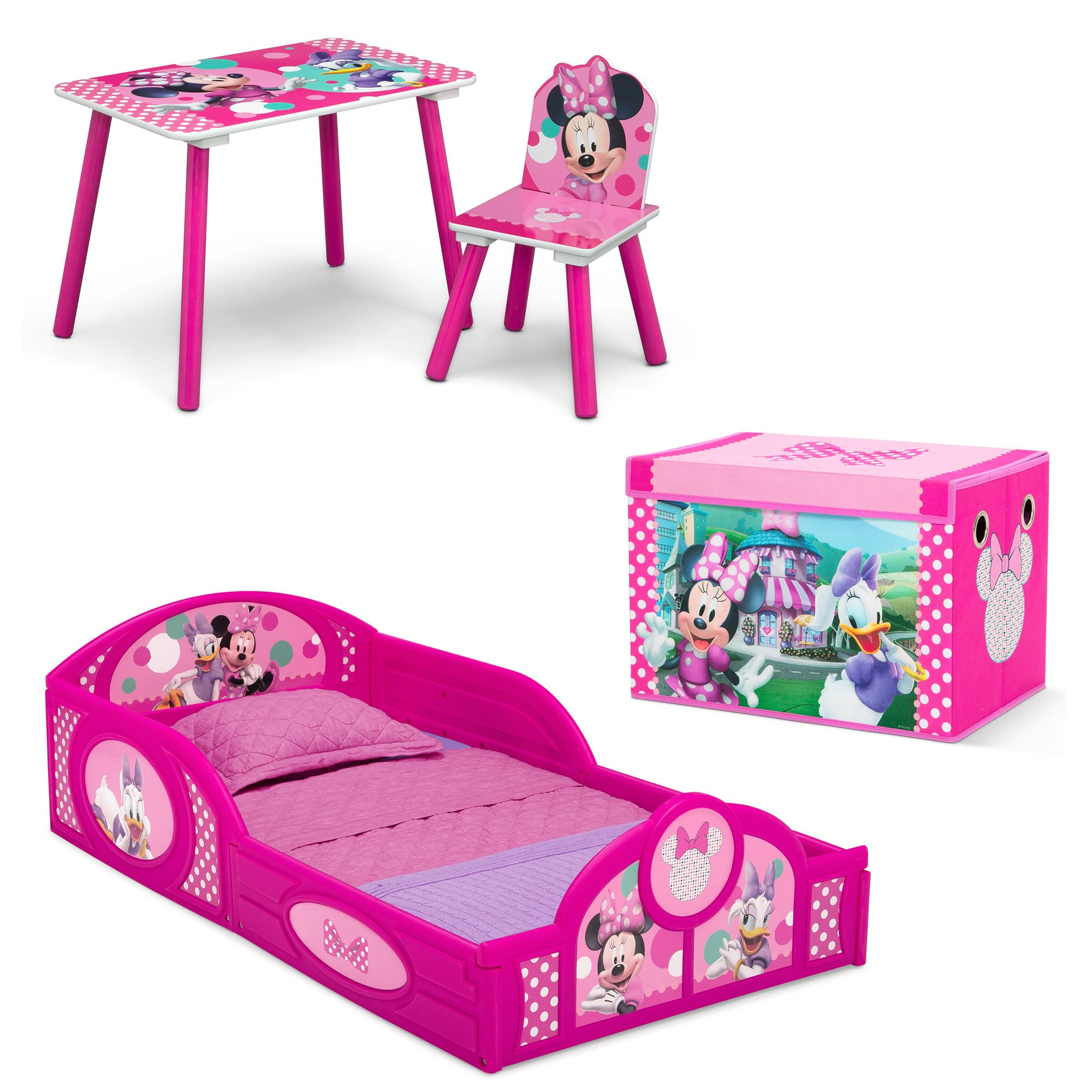 Delta Children Disney Minnie Mouse 4-Piece Toddler Room-in-a-Box Set - Includes Sleep and Play Toddler Bed, Table, 1 Chair and T