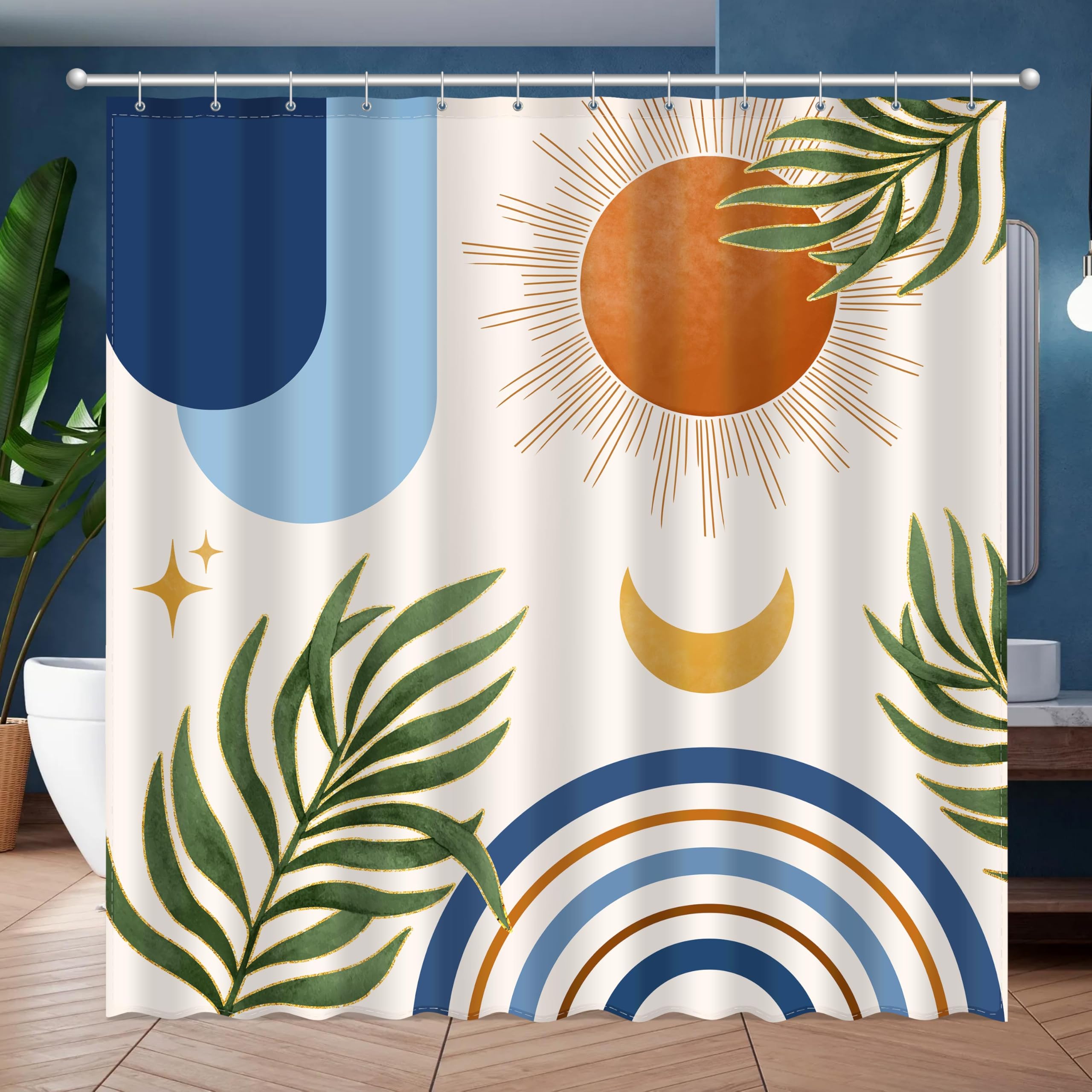 Jwxcbim Boho Mid Century Shower Curtain, Bohemian Blue Minimalist Simple Aesthetic Modern Bathroom Decor, Colorful Rainbow Sun M