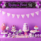Purple 16Th Birthday Decorations Banner For Girls Happy Sweet 16 Birthday Yard Banner Black Purple And Silver 16Th Birthday Yard