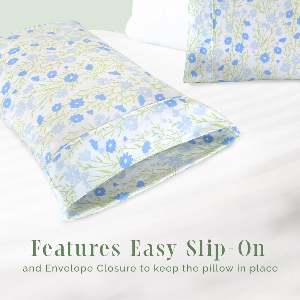 Elegant Comfort Ultra Soft Set Of 2 Floral Print Pillowcases - 1500 Premium Hotel Quality Microfiber, Soft And Smooth Envelope Closure 2-Piece Pillow Covers - Standard/Queen, Blue Laurel