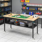 48'/60'' Adjustable Workbench, Rubber Wood Top Work Bench Heavy-Duty Work Table With Power Outlet, Wheels, Partition 2000 Lbs Load Capacity Hardwood Work Benches For Garage, Workshop, Home, Office