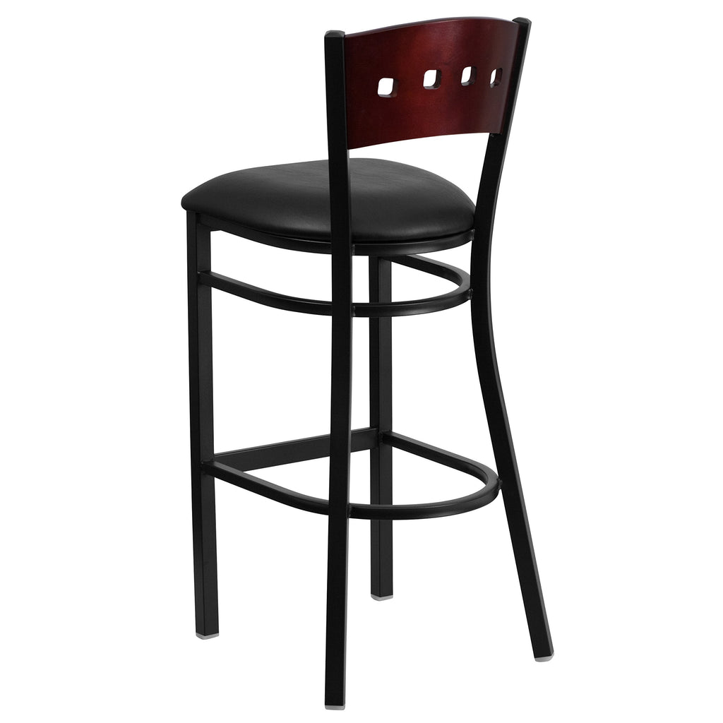 Flash Furniture HERCULES Series Black 4 Square Back Metal Restaurant Barstool - Mahogany Wood Back, Black Vinyl Seat