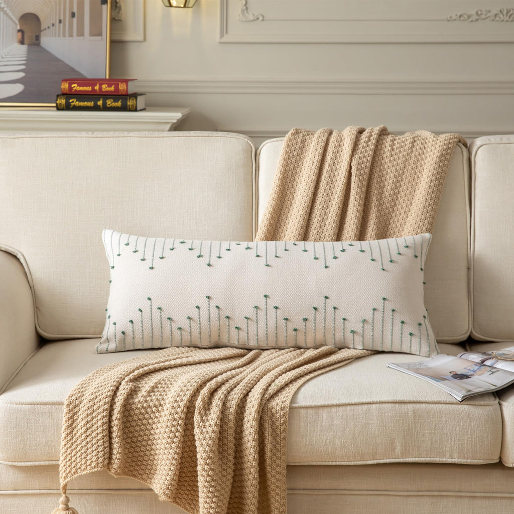 Boho Lumbar Pillow Cover 14X36 Long Pack Of 1 Decorative Pillows Bed, Beige With Green Body Throw Pillow Covers, For Modern Farm
