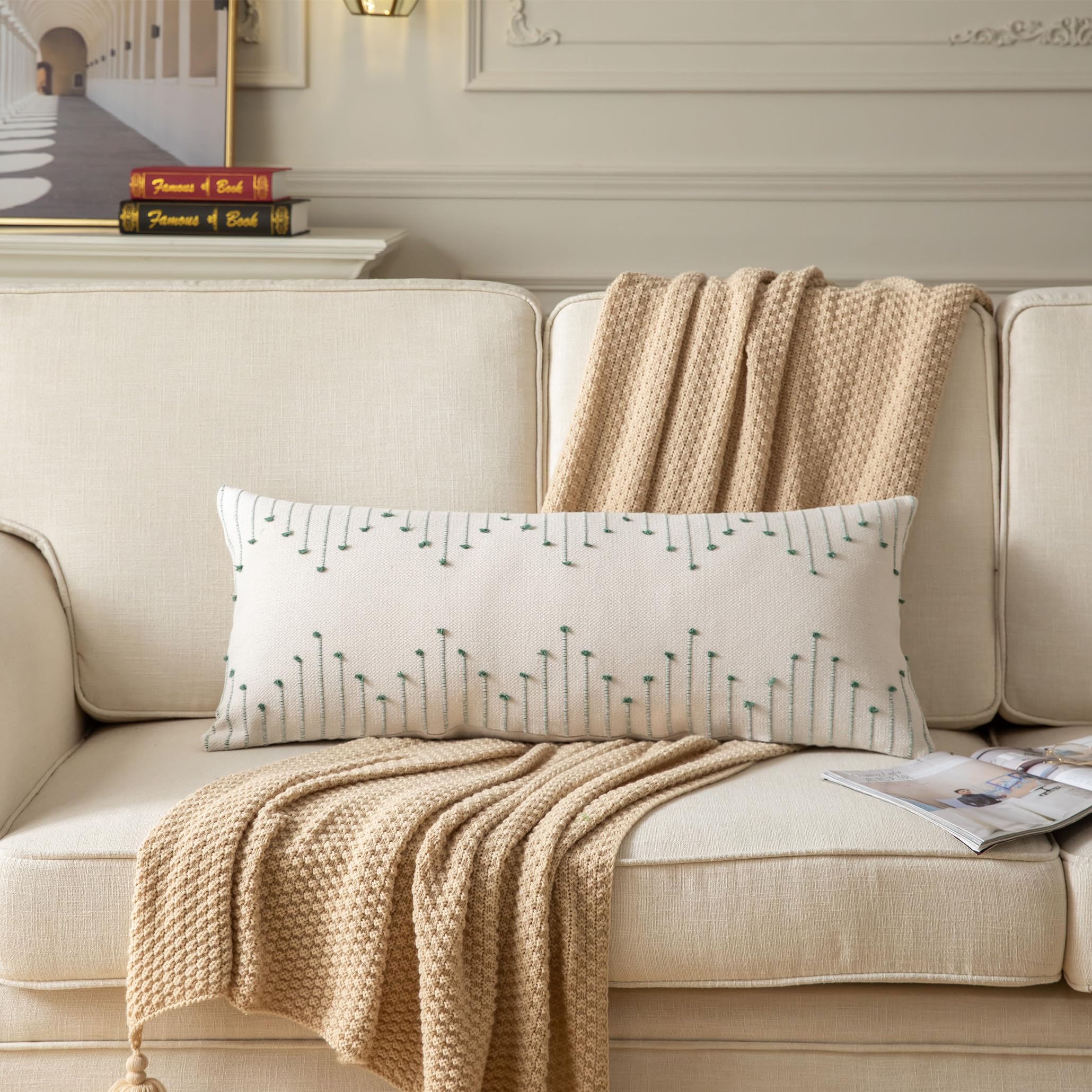 Boho Lumbar Pillow Cover 14X36 Long Pack Of 1 Decorative Pillows Bed, Beige With Green Body Throw Pillow Covers, For Modern Farm