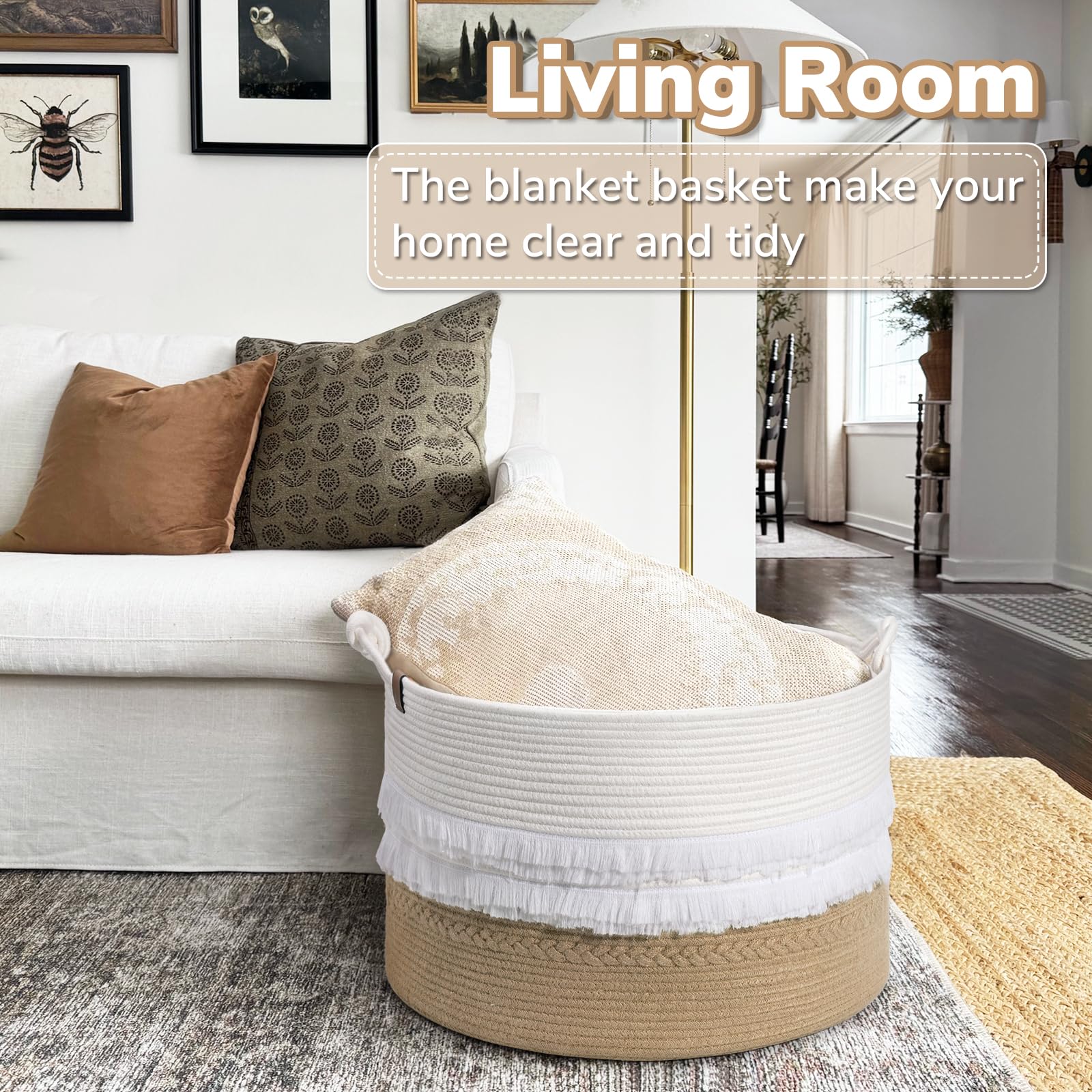 Cherrynow Large Wicker Laundry Basket For Entryway, Bedroom, Jute Decorative Basket For Clothes, Toys, Portable Towel Basket For Bathrooom, 22 X 14 Inches, 83L, White & Camel