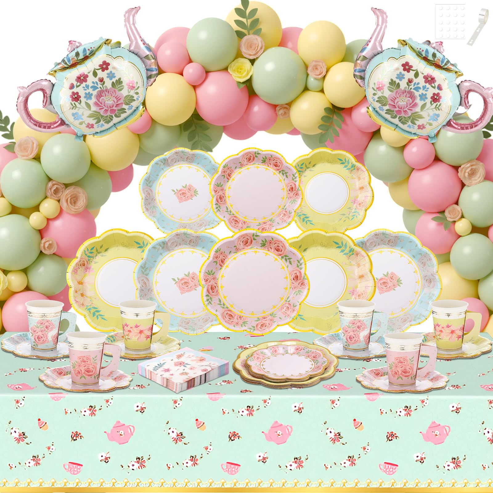 FoldTier 174 Pcs Tea Party Decorations and Supplies for 12 Guests, Floral Disposable 7  and 9  Paper Plates, Paper Cups, Napkins