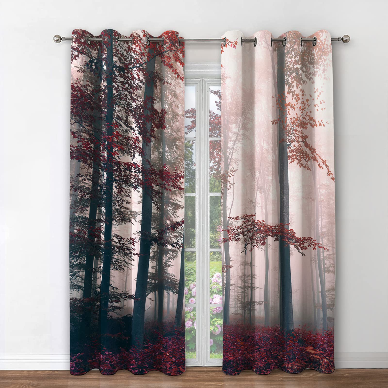 Jekeno Fall Tree Forest Blackout Curtains Autumn Orange Leaves Mystic Foggy Forest Fall Nature Scenery Wood Room Decor For Hallo