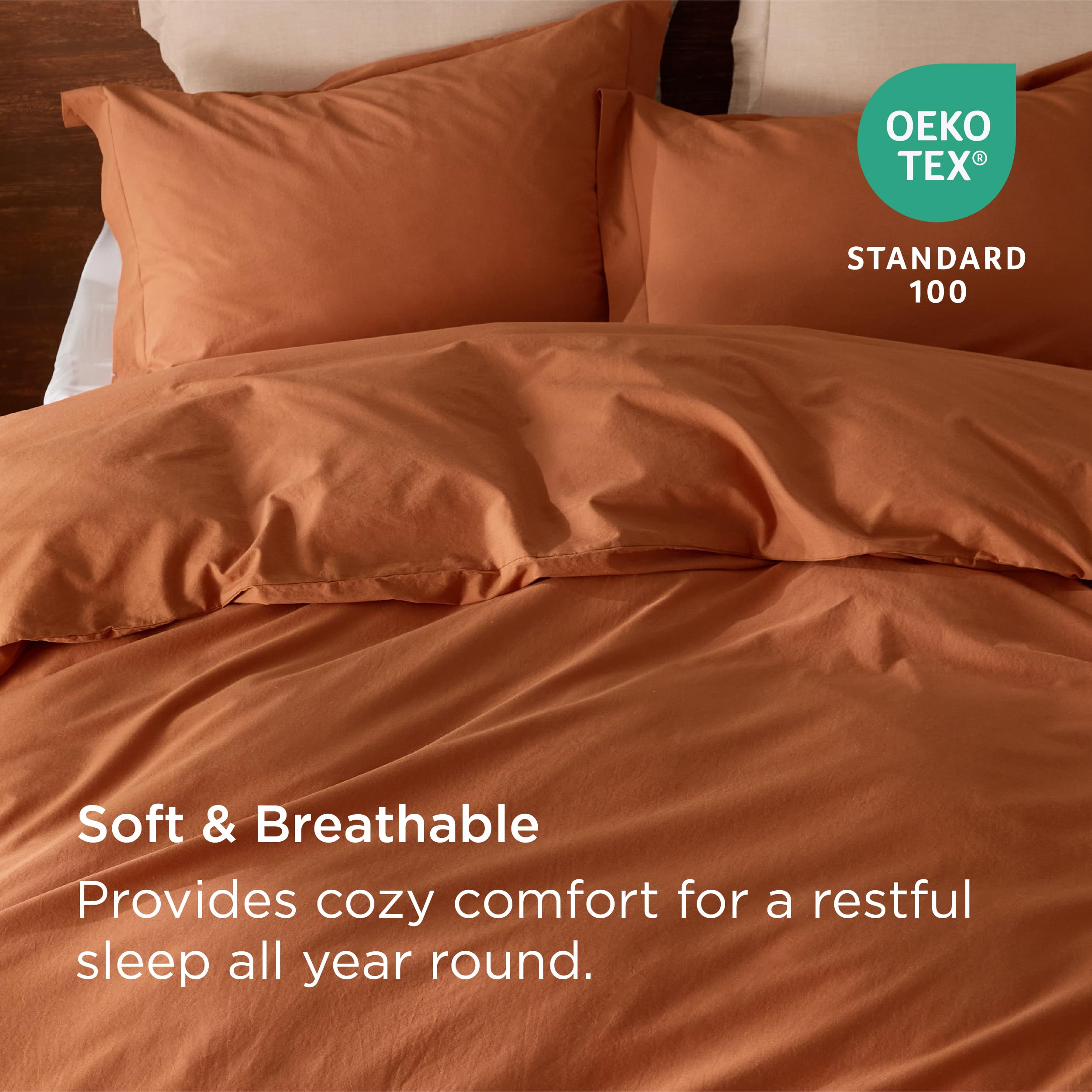 Bedsure 100% Washed Cotton Duvet Cover Queen - Pumpkin Orange Minimalist Duvet Cover Set Linen Like - 3 Pieces Gentlesoft™ Plain Simple Bedding Set With 2 Pillow Shams (Pumpkin Orange, Queen, 90'X90')