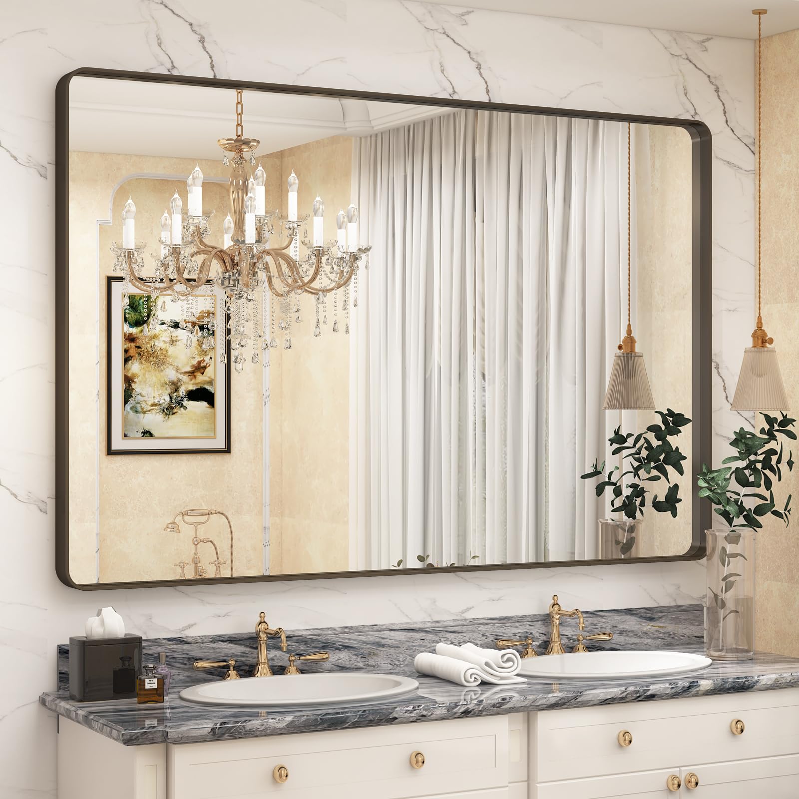 CHARMOR 60x40 Bronze Bathroom Mirror, Brushed Bronze Metal Frame Mirrors for Wall, Rounded Rectangle Bronze Mirror for Vanity,Fa