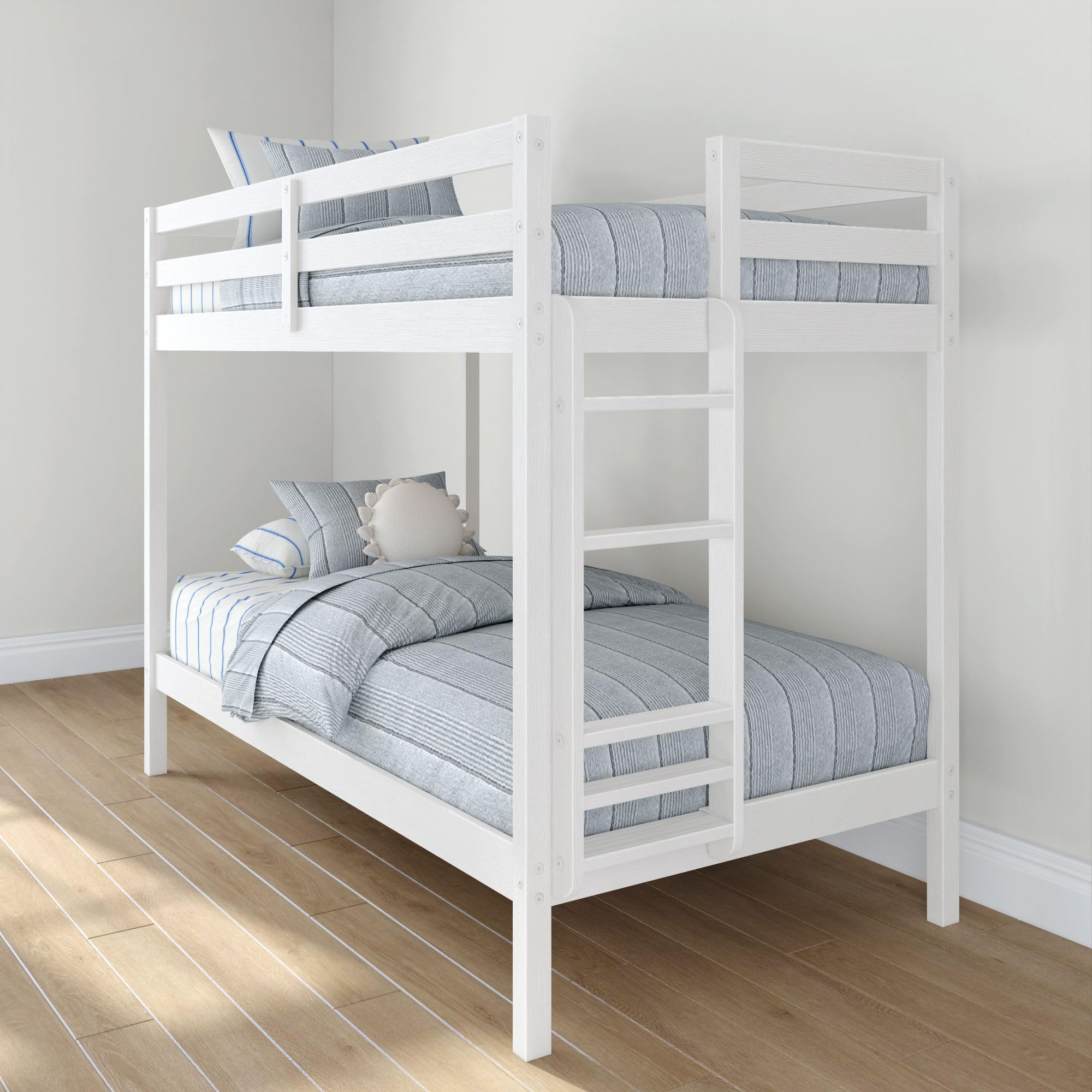 Grain & Grove Bear Twin Over Full Bunk Bed, Low Bunk Bed Frame for Kids, Bunk with Ladder, Guardrail, and Slats, No Box Spring R