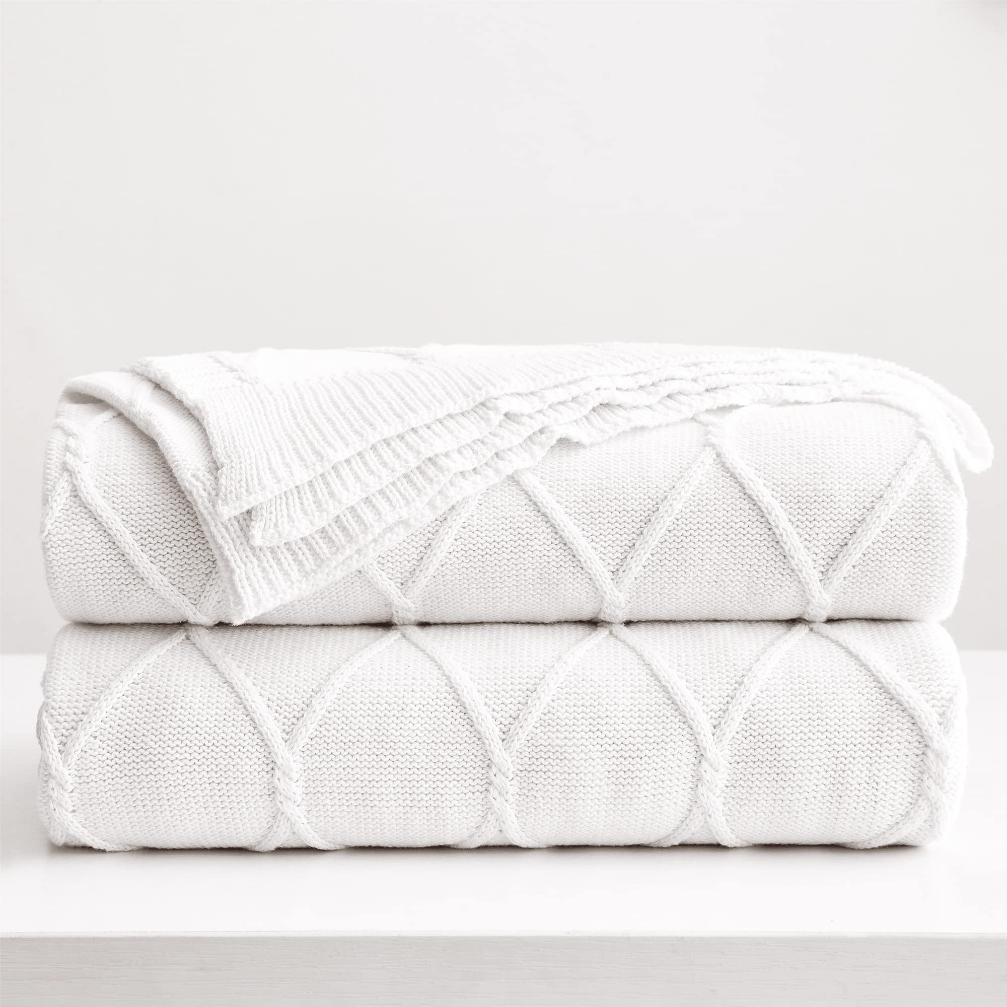 Longhui Bedding 100% Cotton Pure White Lightweight Cable Knit Throw Blanket With Bonus Laundering Bag For Couch Sofa Bed - Large