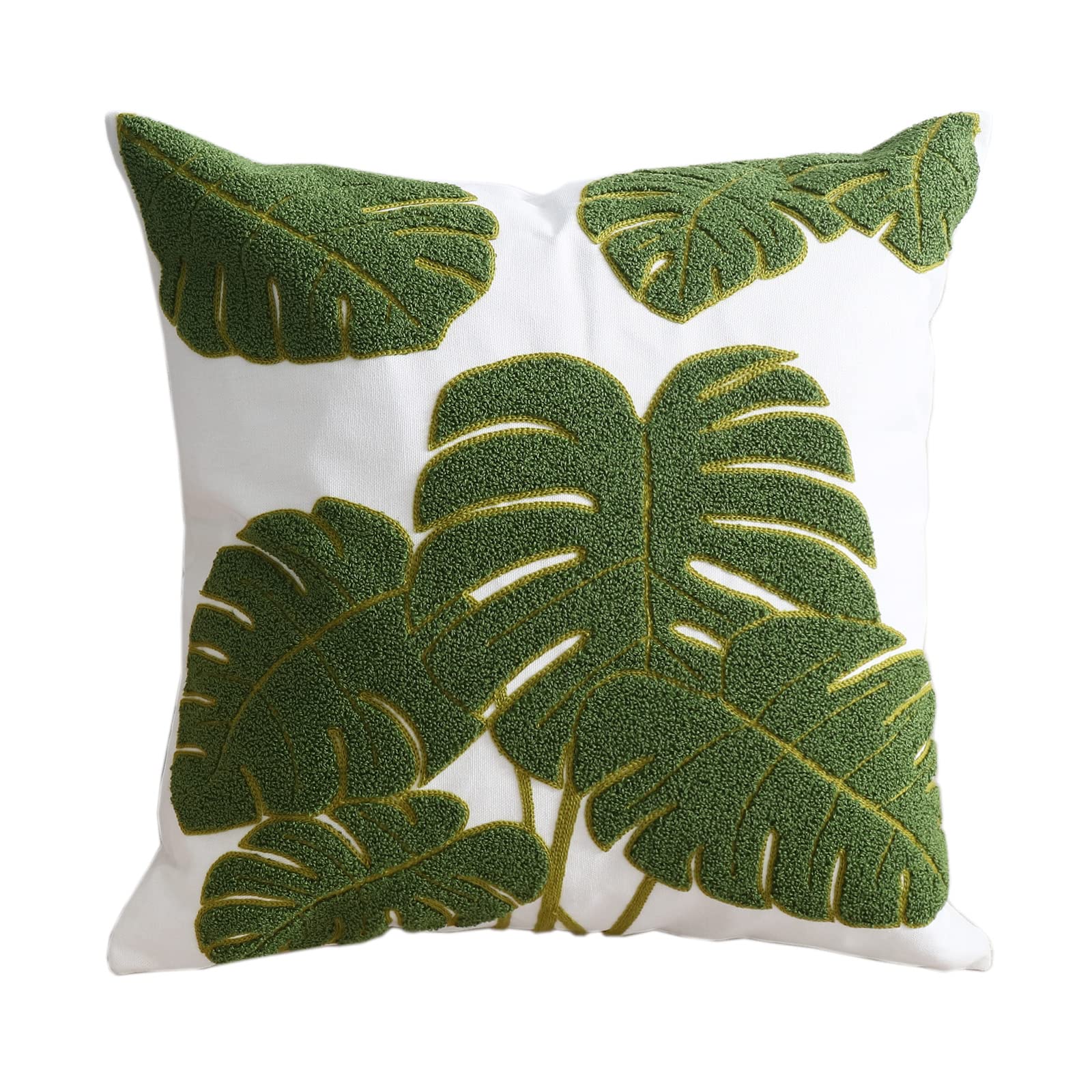 Hodeco Embroidery Throw Pillow Cover 18x18 Green 7 Tropical Monstera Leaves Loop Plant Floor Pillow Cover for Couch Gift 100% Co
