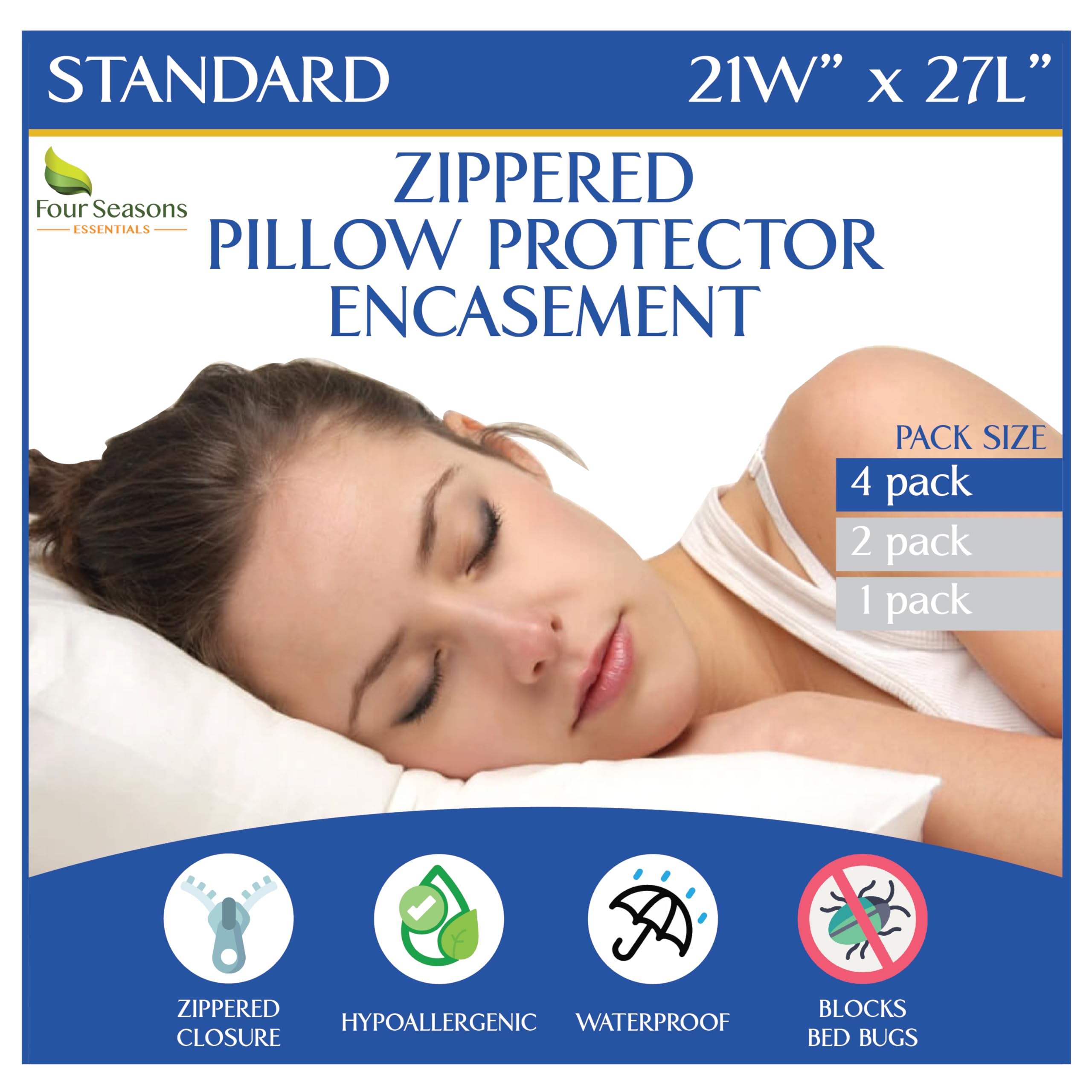 Standard Pillow Protectors (Set Of 4) - Hypoallergenic Pillow Cover Waterproof Dust Allergen Proof Zippered Encasement