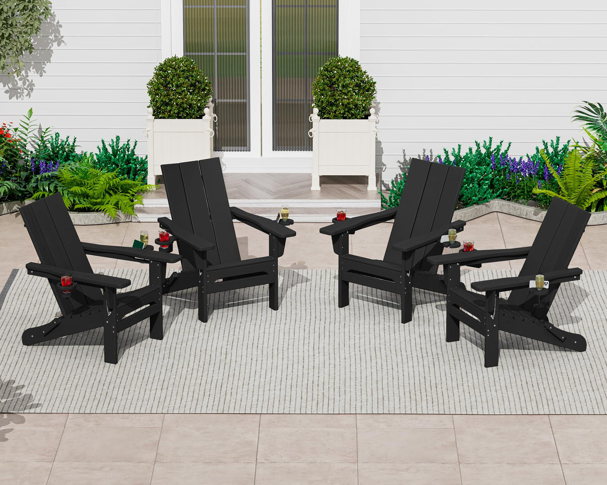 Serwall Double Cups Adirondack Chair Set Of 4, Folding Modern Adirondack Chairs, Hdpe Outdoor Adirondack Chair For Patio, Black