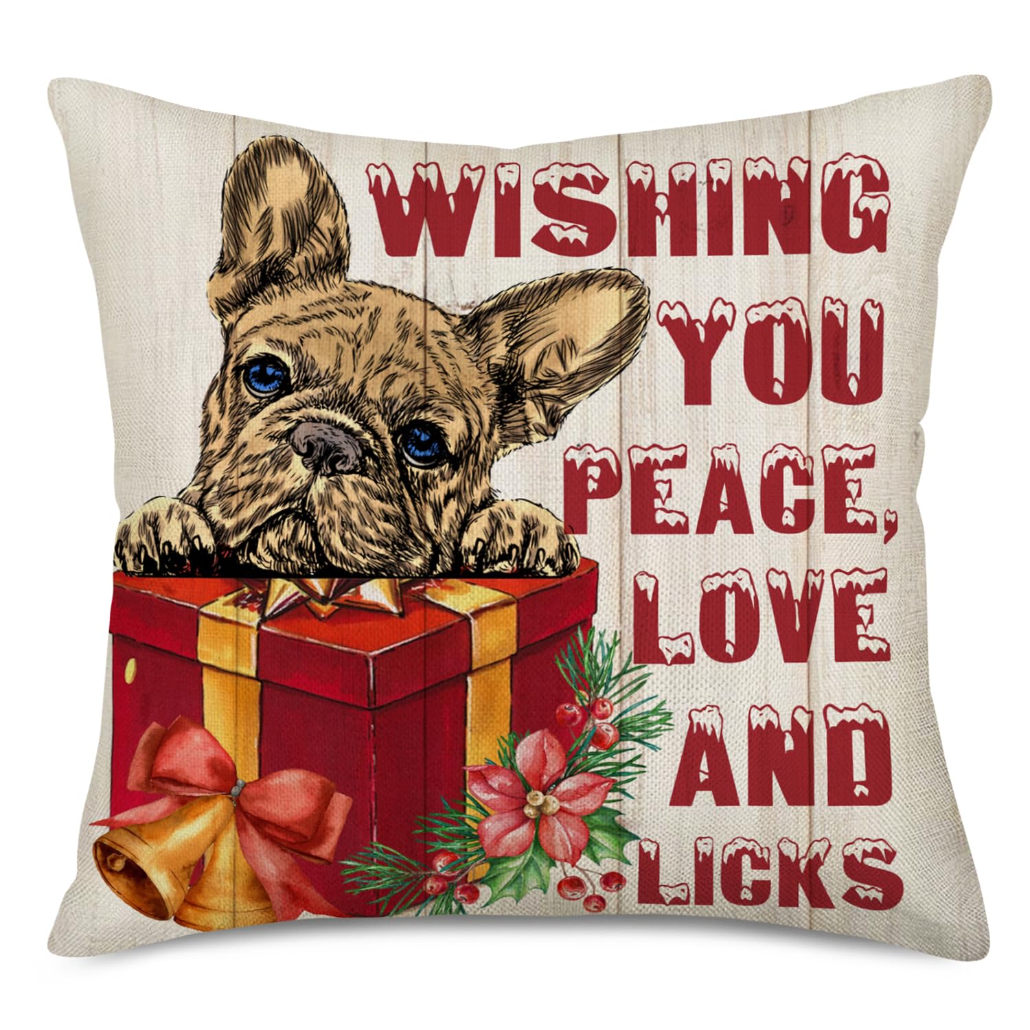 Tlovudori Xmas Winter Holiday Pillow Covers Vintage Wood French Bulldog Merry Blessing Quote Words Red Mistletoe Pillowcase Home