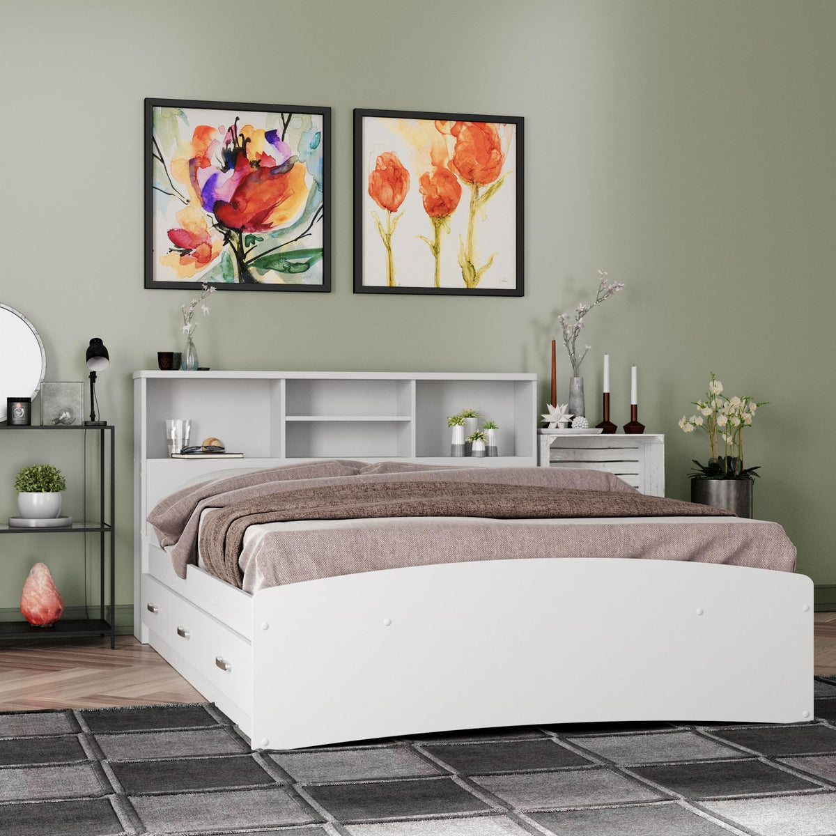 Bed with 3 Drawers and Bookcase Headboard (White, Full)