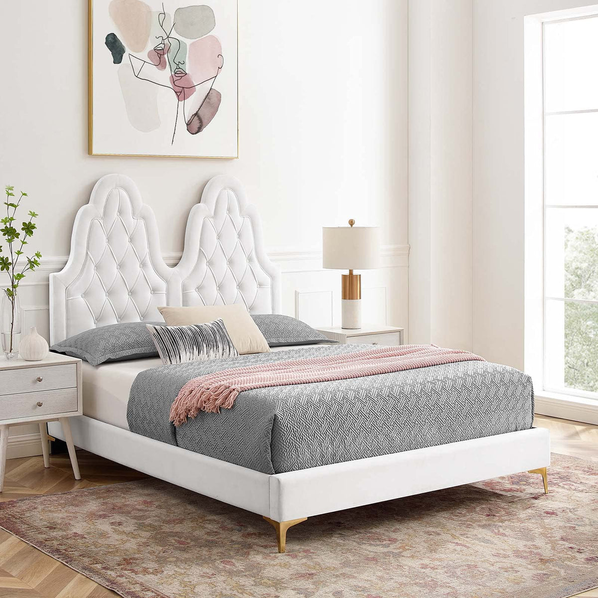 Modway Alexandria Tufted Performance Velvet Platform Bed with Gold Legs, Twin, White