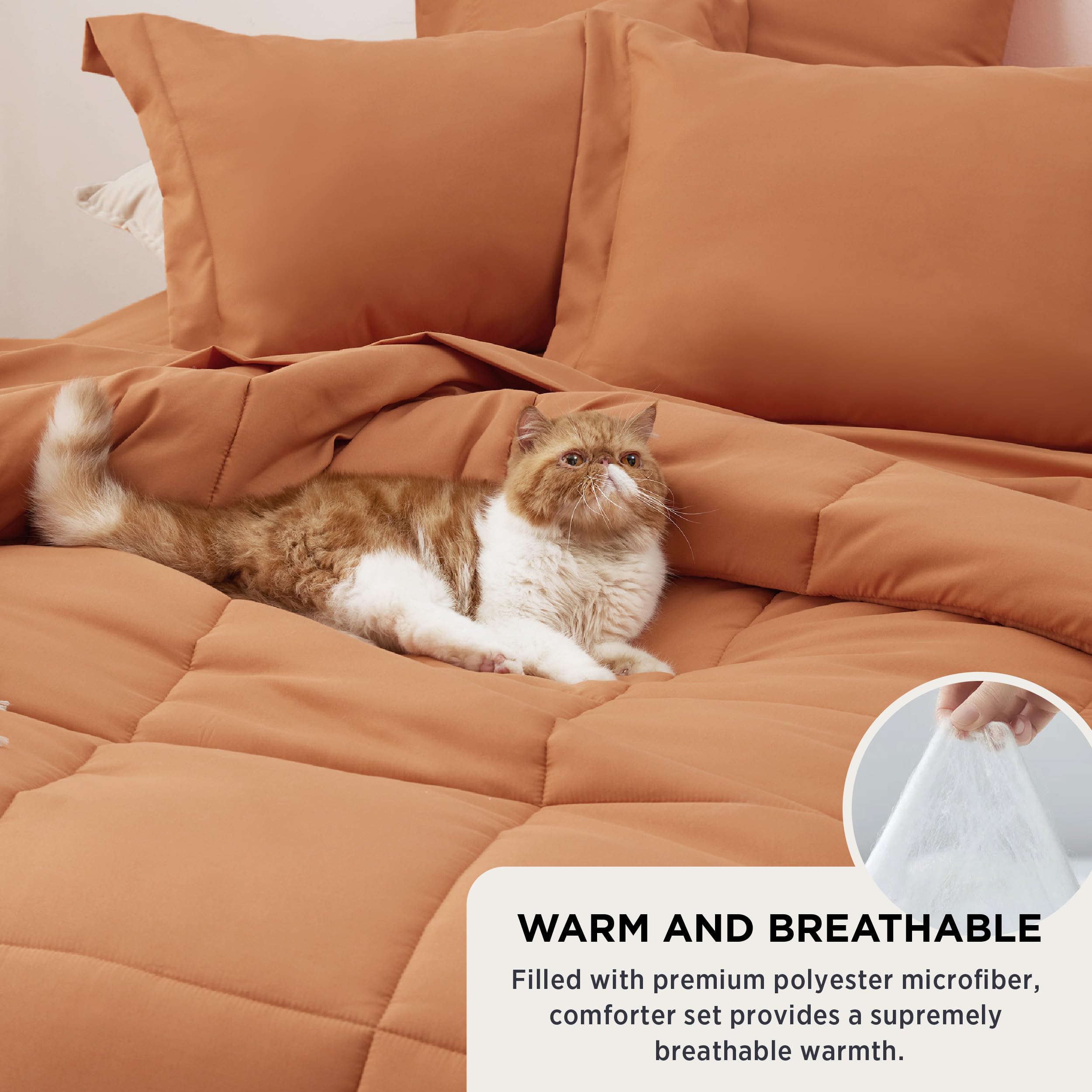 Bedsure Burnt Orange Comforter Set Queen - 7 Pieces Solid Bed In A Bag, Queen Bed Set With Comforter, Sheets, Pillowcases & Shams