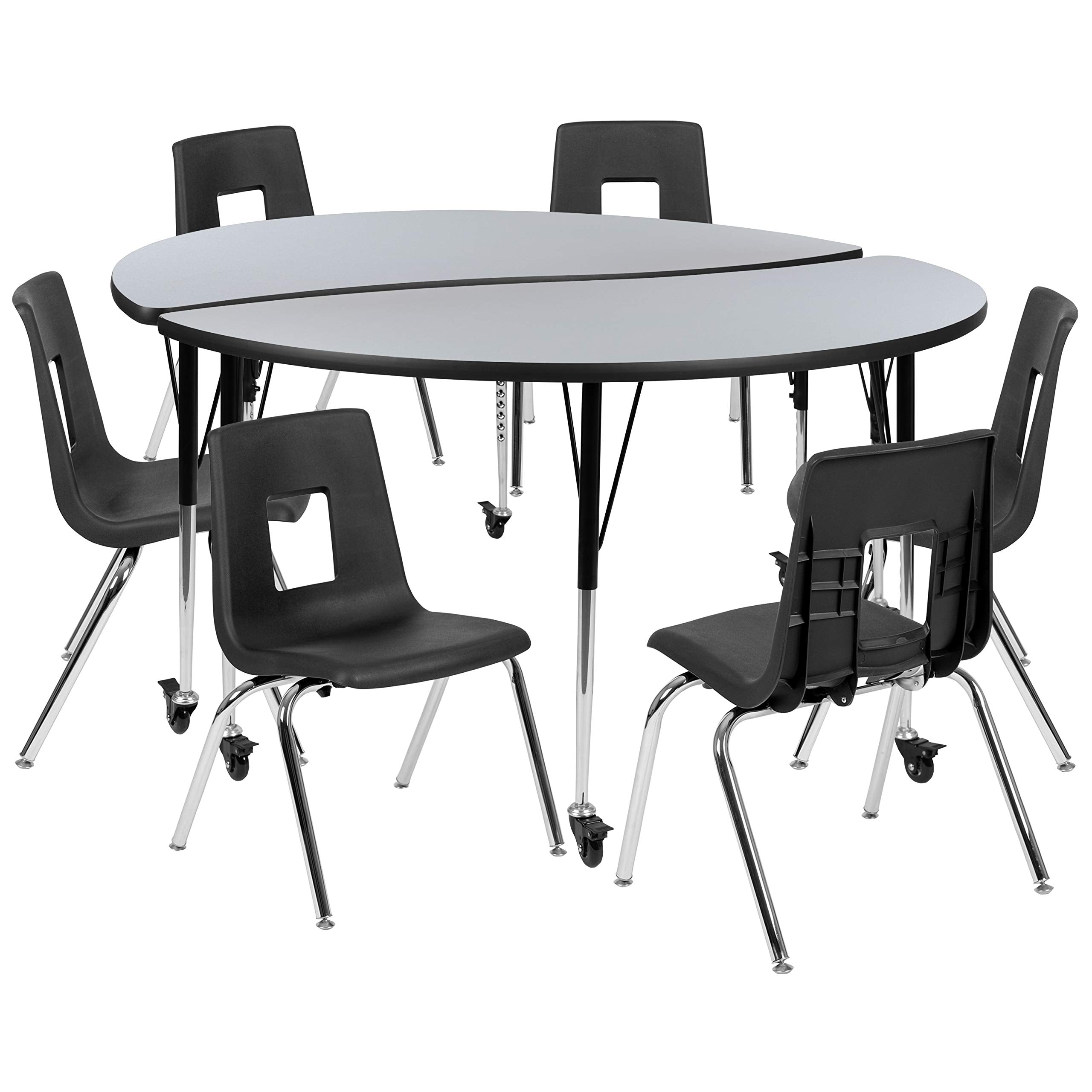 Flash Furniture Mobile 60' Circle Wave Collaborative Laminate Activity Table Set With 18' Student Stack Chairs, Grey/Black