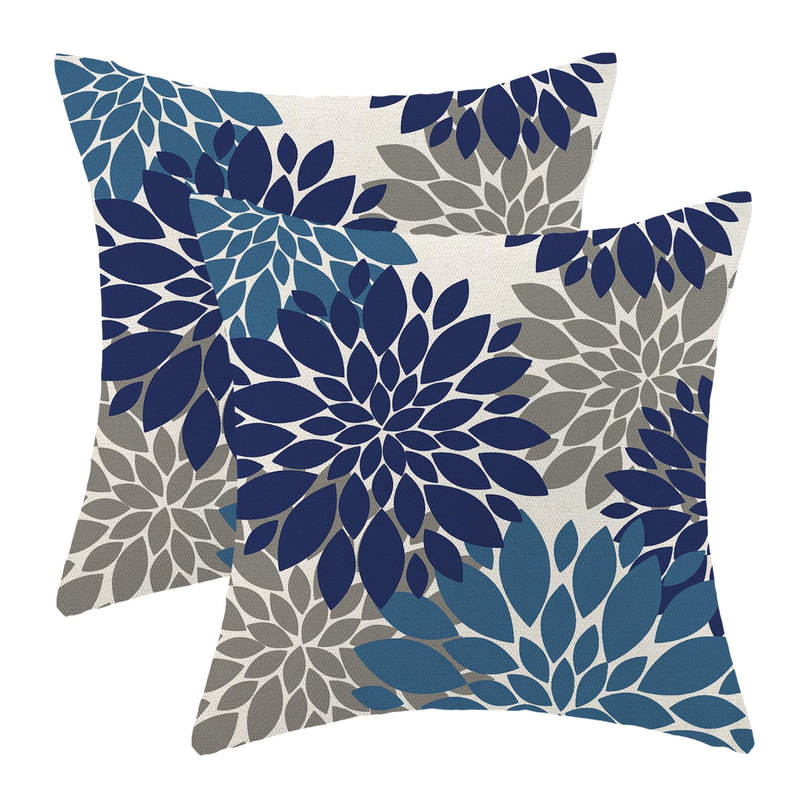 CXMEIFLY Navy Blue Summer Outdoor Pillow Covers 18x18 Inch Set of 2 Dusty Blue Grey Dahlia Floral Decor Throw Pillows Modern Geo