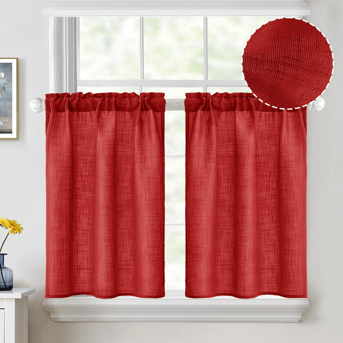 Miulee Christmas Linen Cafe Curtains 36 Inch Length For Kitchen Bathroom Over Sink 2 Panels, Farmhouse Rod Pocket Short Semi She