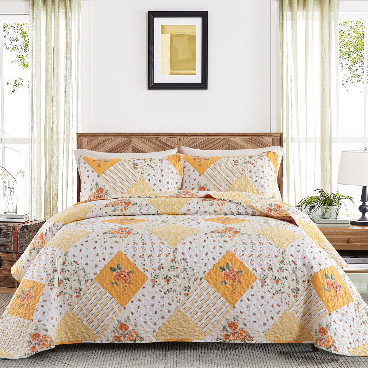 Dinjoy Yellow Quilt Set Queen Size, Reversible Floral Plaid Patchwork Pattern Bedding Set Soft Microfiber Lightweight Bedspread