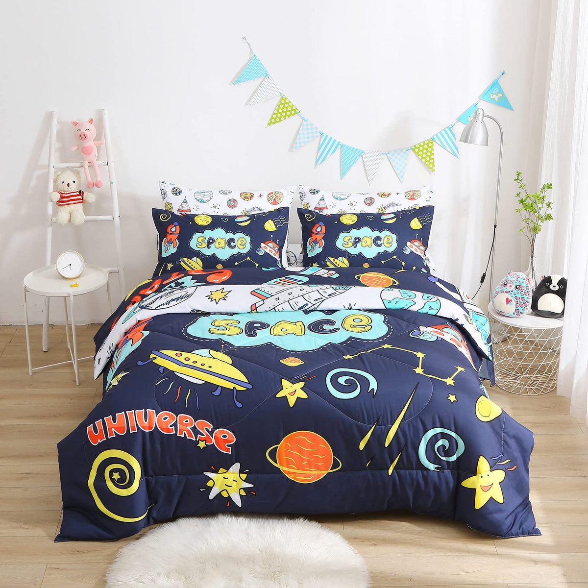 Yasida 7 Piece Kid Comforter Set Twin Size Outer Space Bedding Set For Teen Boys Astronauts Twin Bed Sheets Comforter Set (1 Com