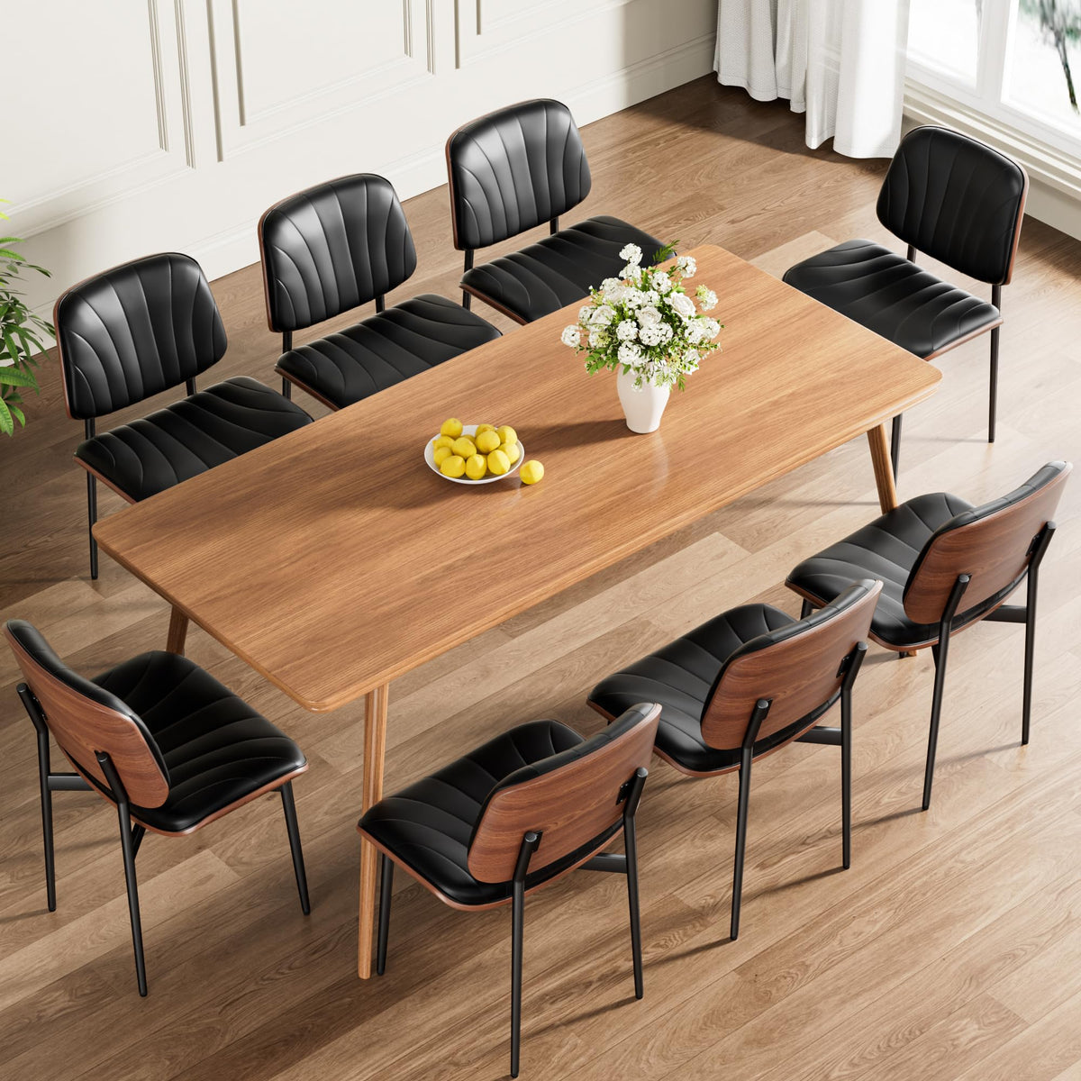 Reoney Dining Chairs Set Of 8, Mid-Century Modern Upholstered Pu Leather Chairs With Walnut Bentwood Back And Metal Legs Adjusta