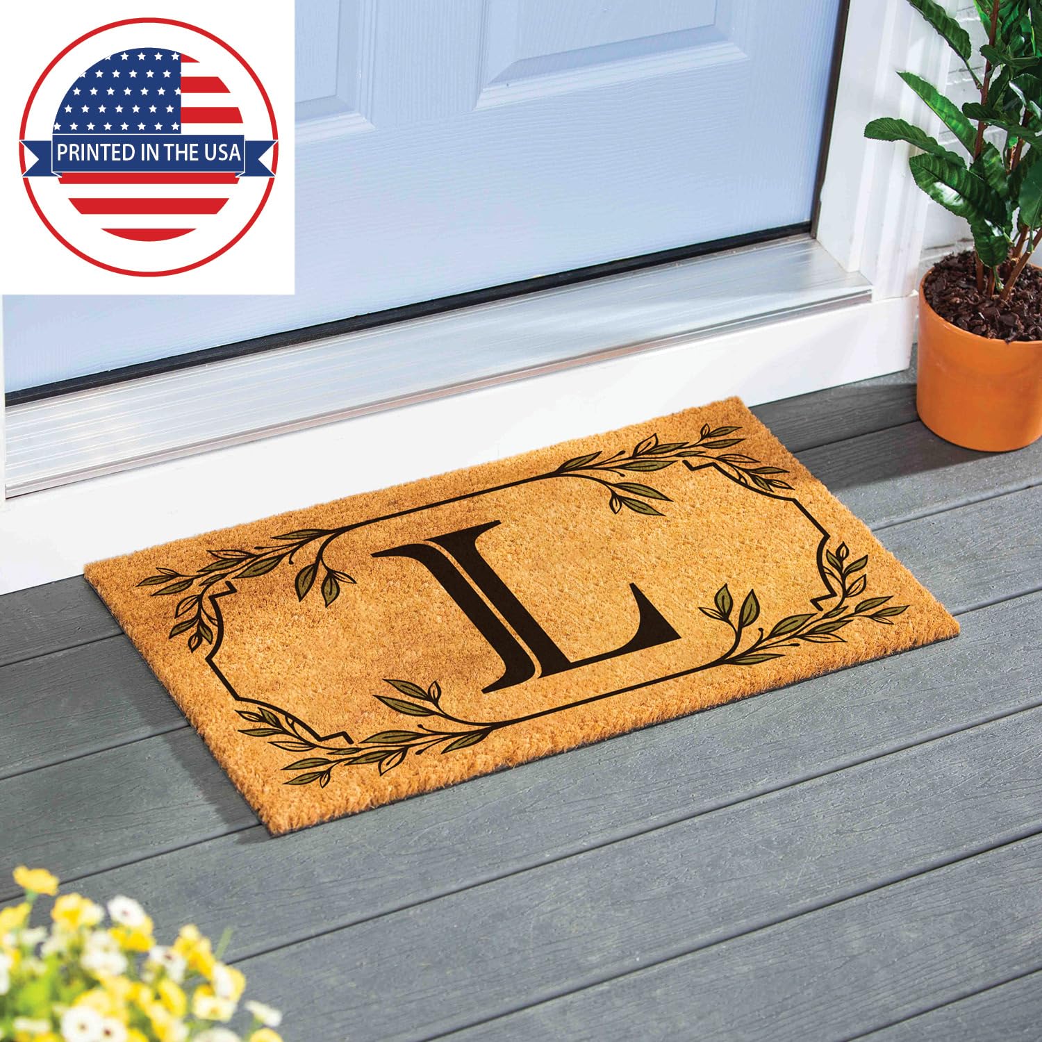 Evergreen Monogram Coir Doormat | Letter L | Front Door Mat For Outdoor Indoor Entrance | 28X16 Inches | Non-Slip Backing Doorwa