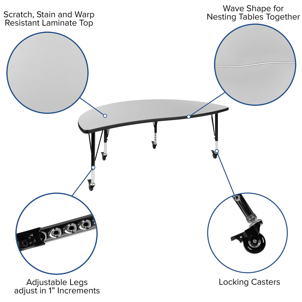Flash Furniture Emmy Mobile 60" Circle Wave Flexible Laminate Activity Table Set with 12" Student Stack Chairs, Grey/Black