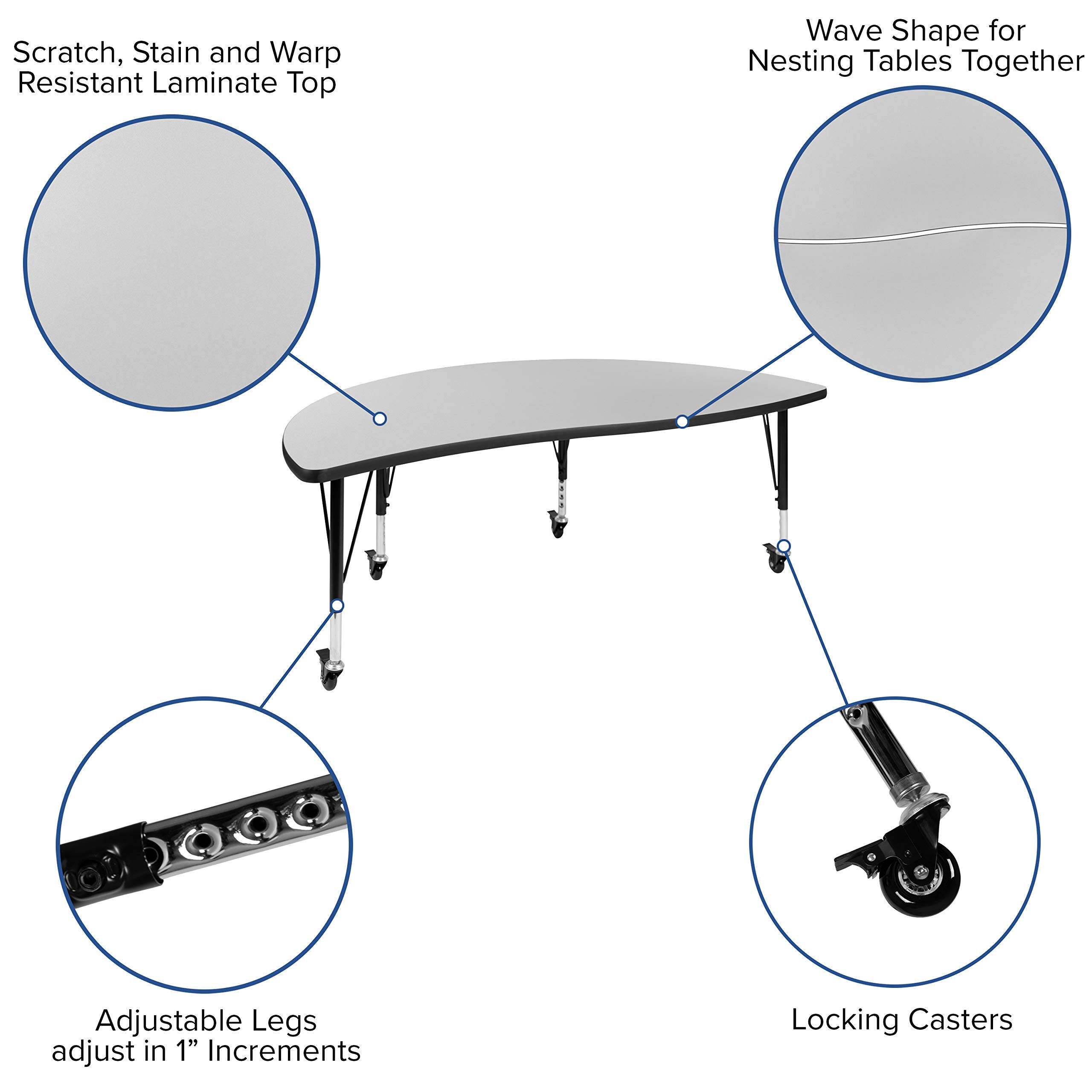 Flash Furniture Emmy Mobile 60" Circle Wave Flexible Laminate Activity Table Set with 12" Student Stack Chairs, Grey/Black