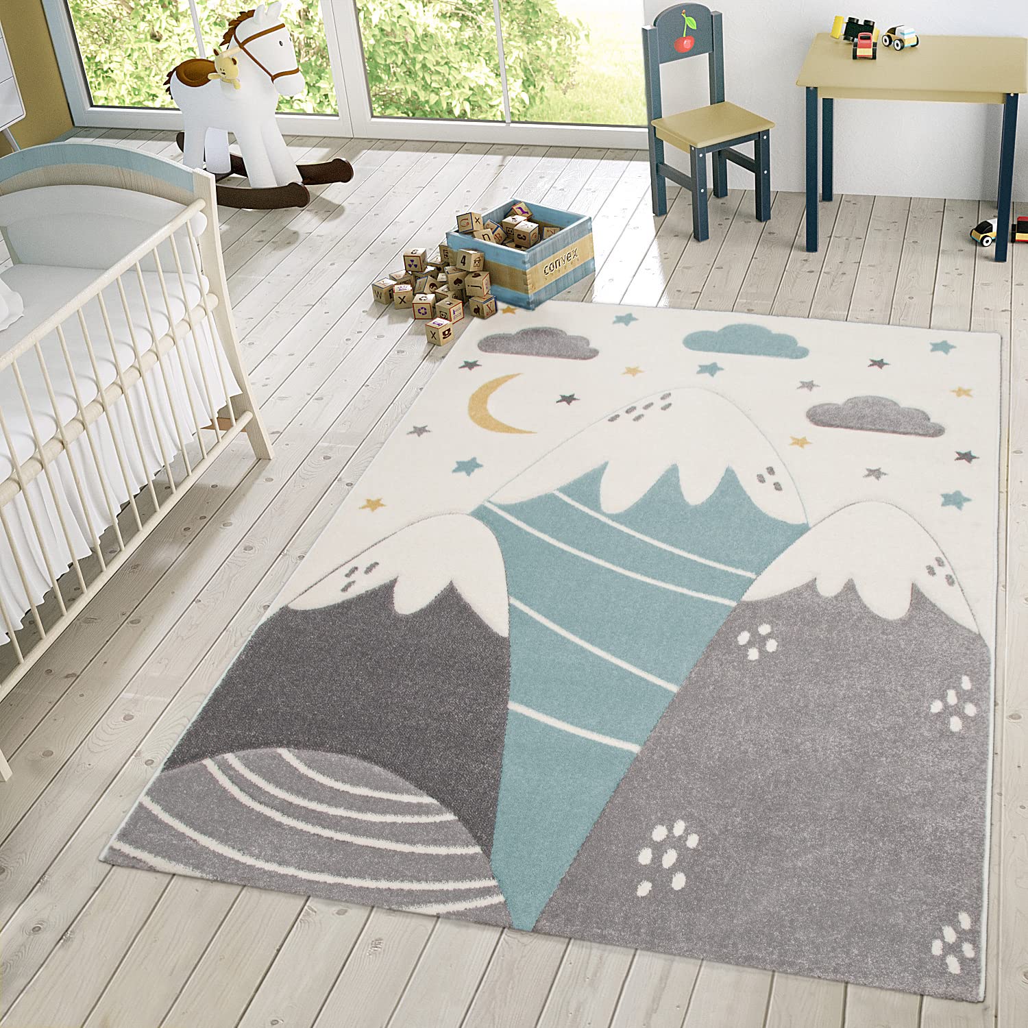 Paco Home Kids Rug For Childrens Room Mountains Starry-Sky In Light Blue Gray White, Size: 6'7' X 9'6'