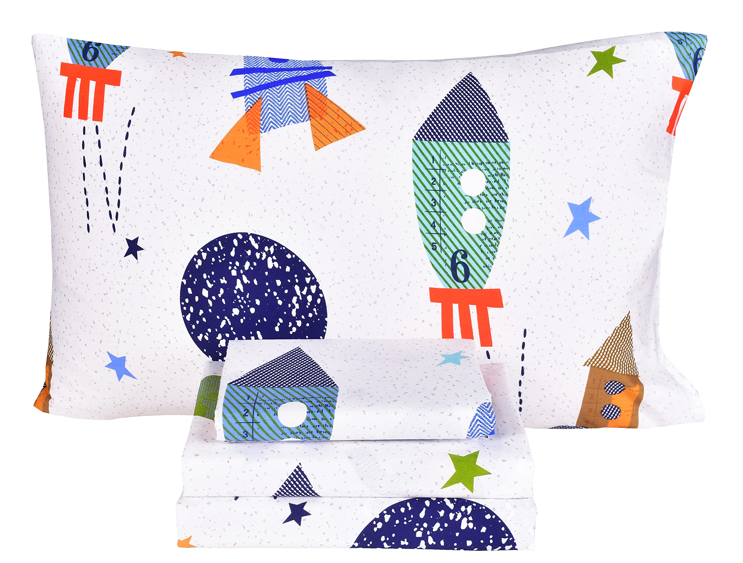 Scientific Sleep Outer Space Airship Rocket Star Explore Teen Boys Girls Cotton Cotton Full Bed Sheet Set, Flat Sheet & Fitted S