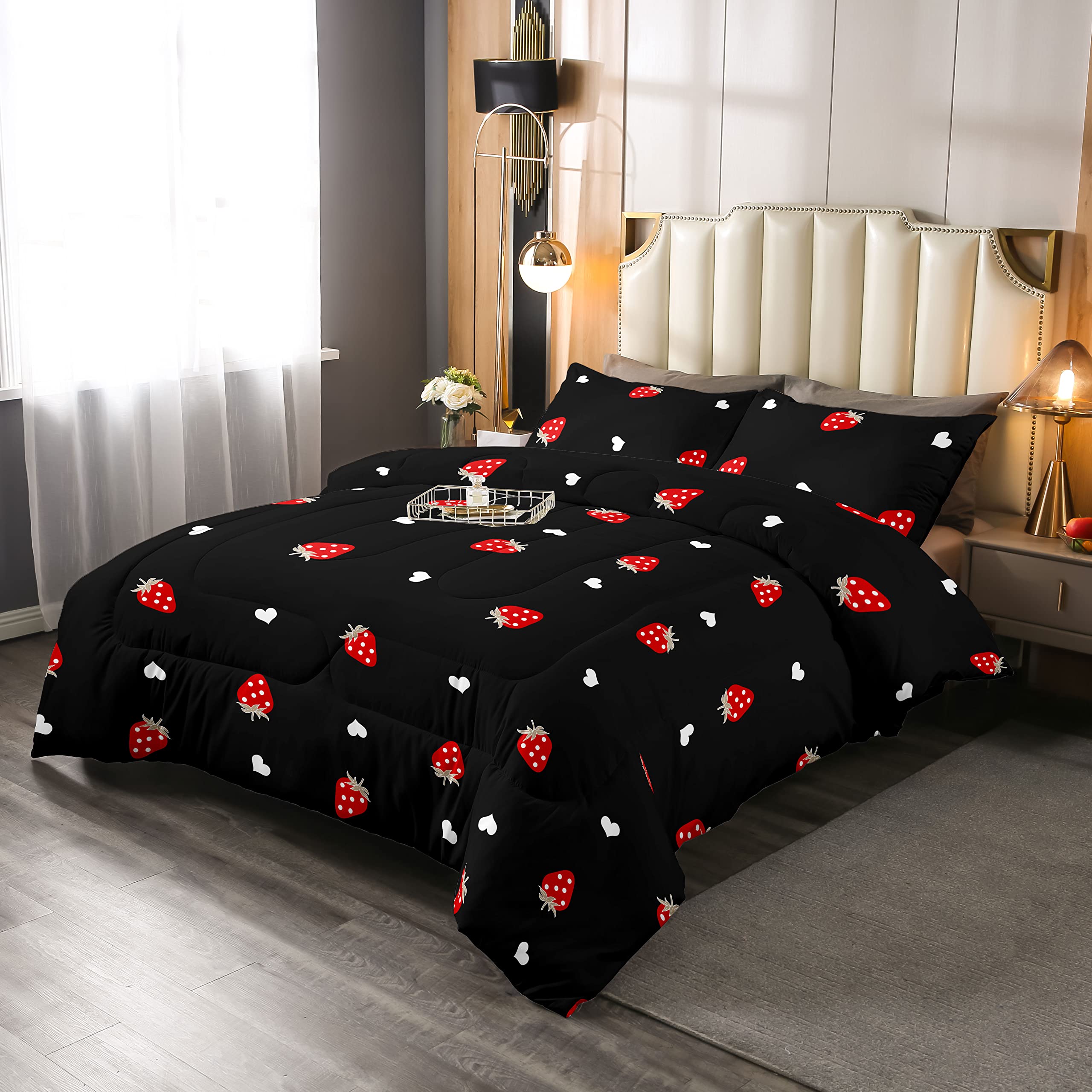 Erosebridal Strawberry Comforter Set Queen Size Red And Black Kawaii Strawberry Bedding Set For Kids Girls Women Bedroom Decor C