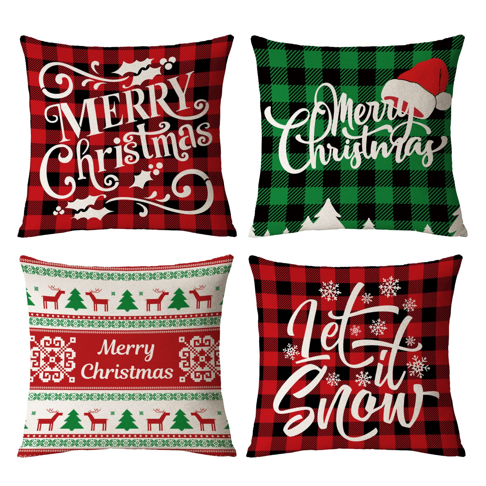 Christmas Pillow Covers 12X12 Set Of 4 Red Green Xmas Decorative Throw Pillows Christmas Tree Deer Santa Pillow Cases Home Outdo