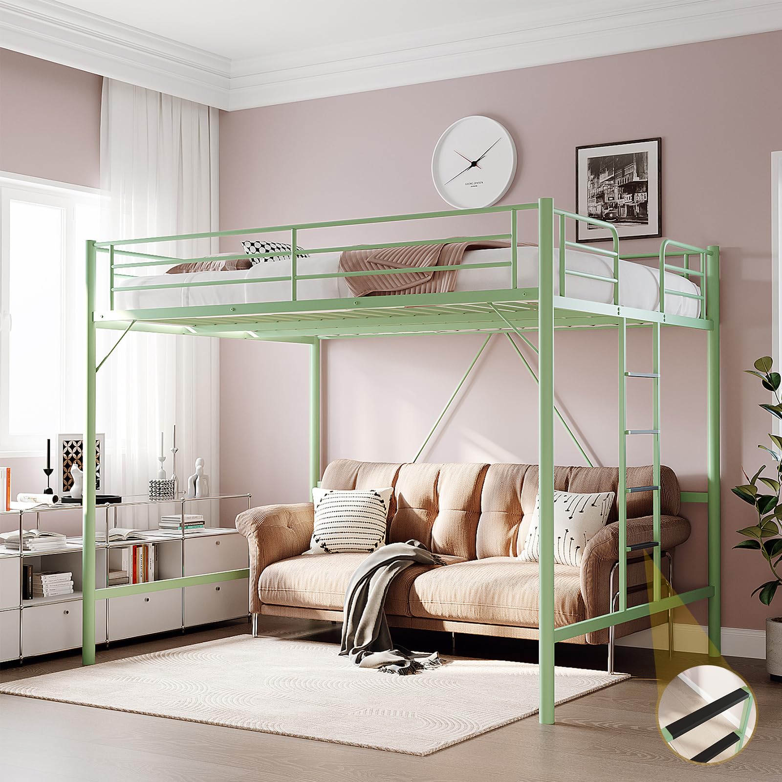 VINGLI Full Loft Bed with Flat Rungs for Adults, Kids and Young Teens, No Box Spring Required,Heavy Duty Metal Slat Support, Gre