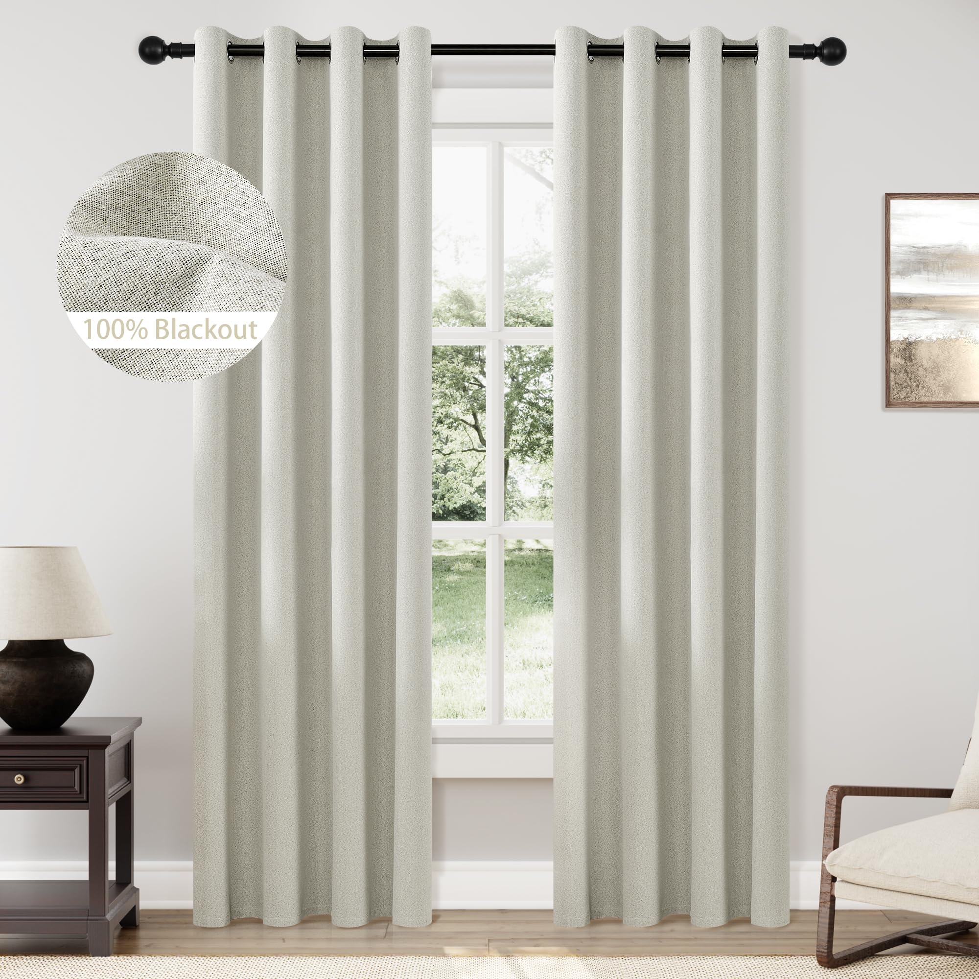 Chrisdowa 100% Blackout Linen Textured Curtains 84 Inches Long For Bedroom Warm Grey Beige Grommet Room Darkening Curtains & Dra