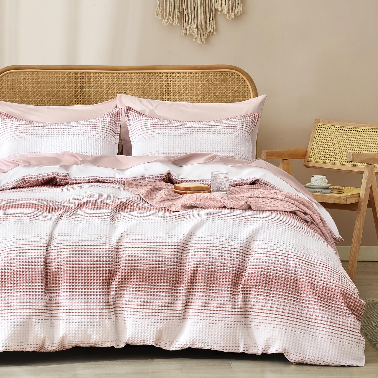 Phf Waffle Weave Duvet Cover Set King Size, Striped Yarn-Dyed Texture Soft Breathable Durable Comforter Cover For All Season, Duvet Cover With Pillow Shams Bedding Collection, 104'X90',White And Brick