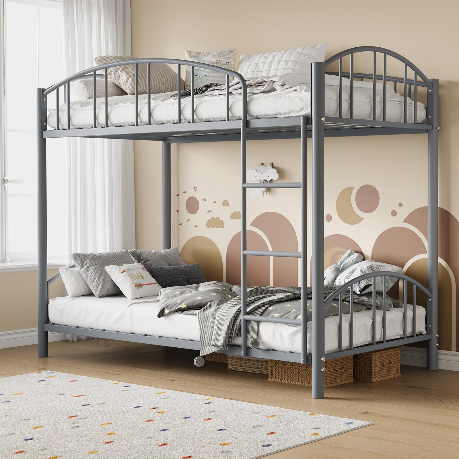 GarveeHome Metal Bunk Bed Twin Over Twin, Heavy Duty Bunkbeds Frame with Arched Guardrail and Safety Ladder, Sturdy Steel Bed fo