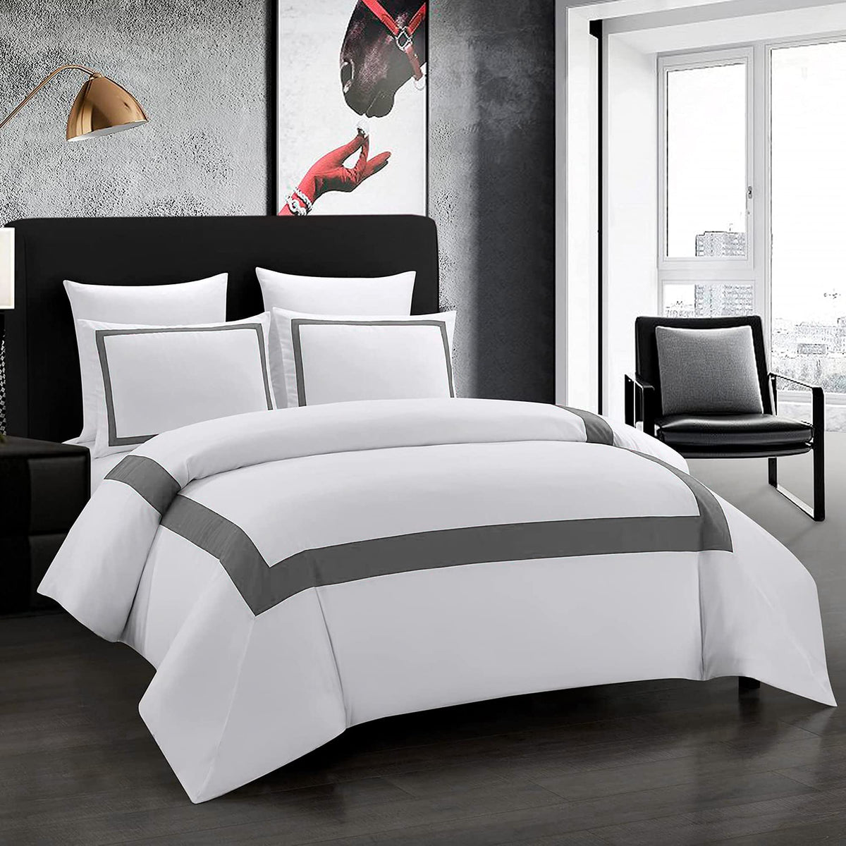 Osvino Hotel Duvet Cover Set King Size 3Pcs Microfiber Grey Line Pattern Bedding Collection Ultra Soft Breathable Duvet Cover Wi