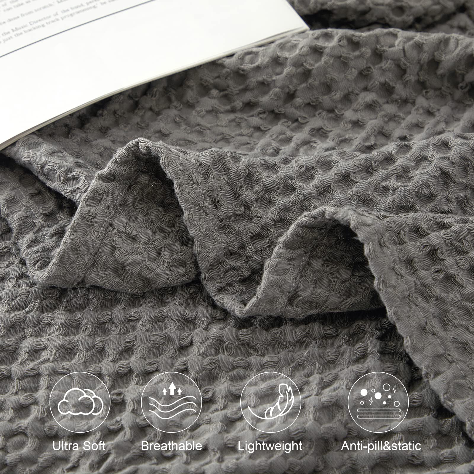 Phf Ultra Soft Waffle Weave Blanket Queen Size 90'X 90'- Washed Lightweight Breathable Cozy Woven Blanket For Bed - Aesthetic Decor For Couch Bedding Sofa Home Car - Grey